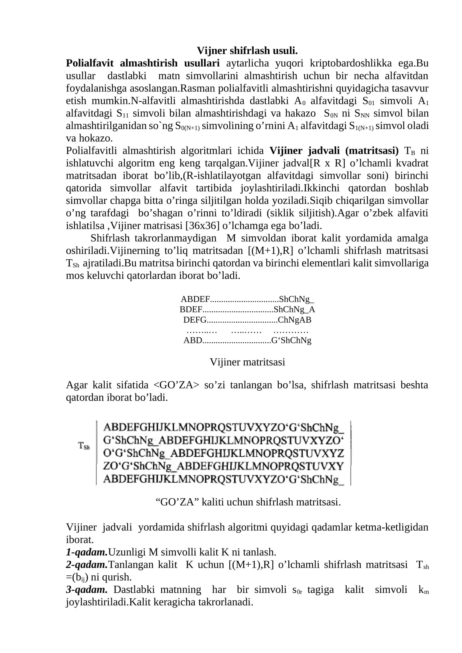 Vijiner shifrlash usuli 1