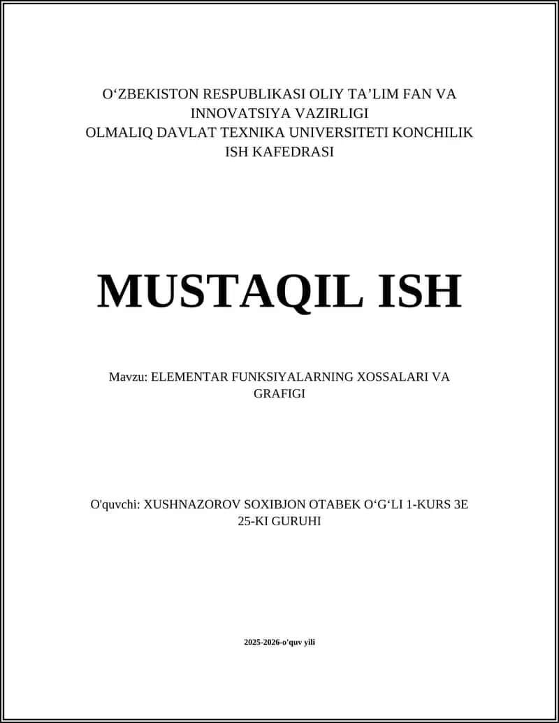 ELEMENTAR FUNKSIYALARNING XOSSALARI VA GRAFIGI 1