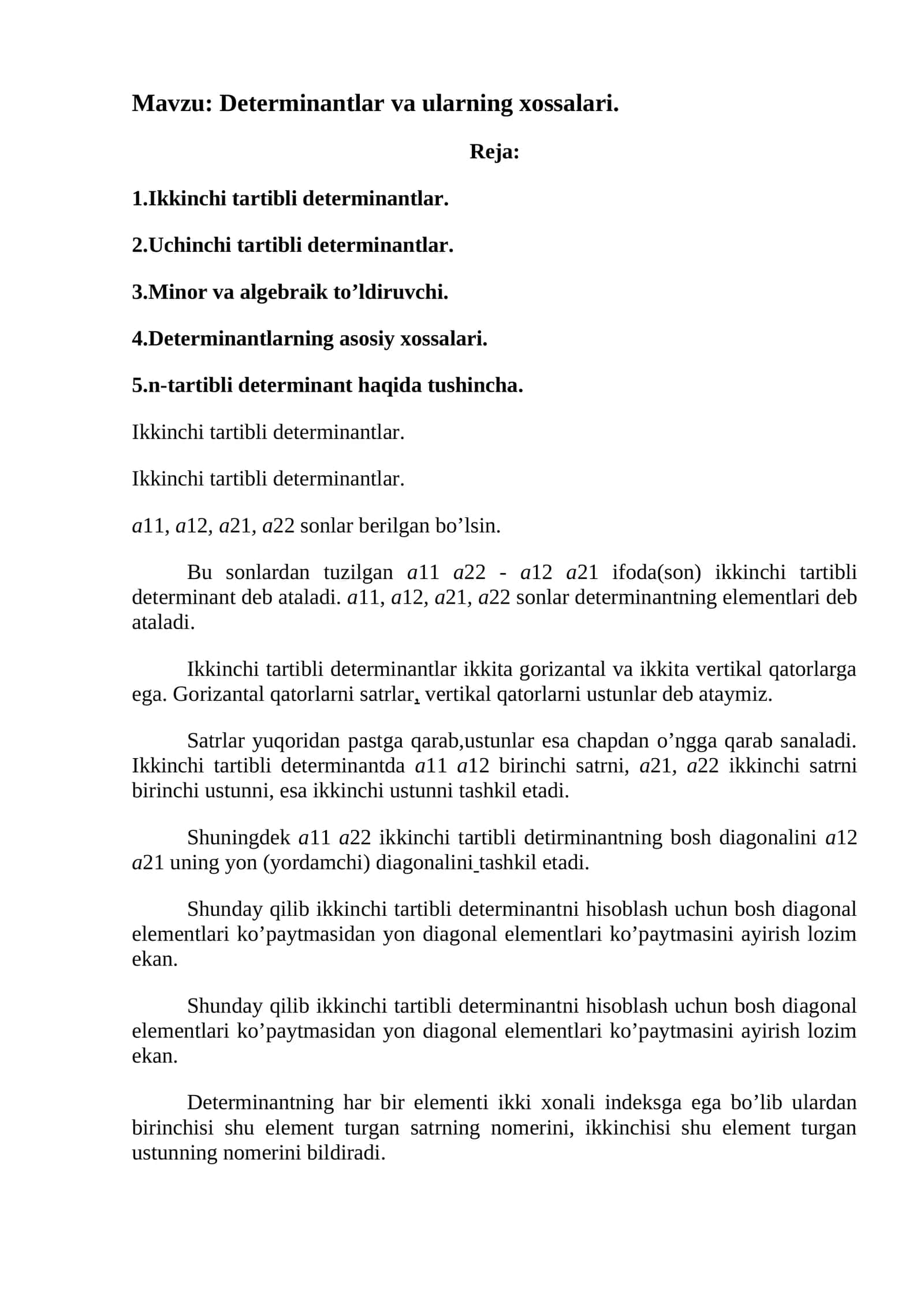 Determinantlar va ularning xossalari 1