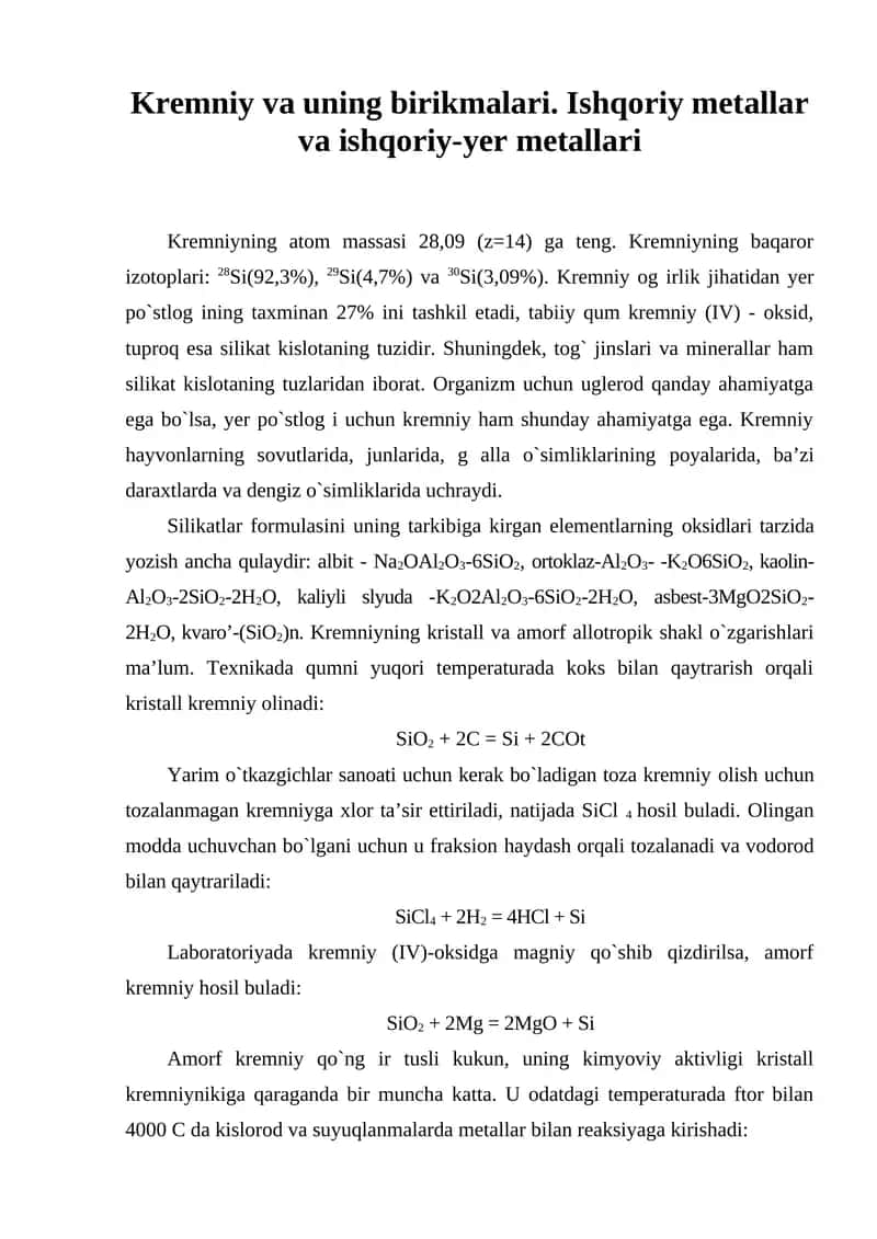 Kremniy va uning birikmalari 1