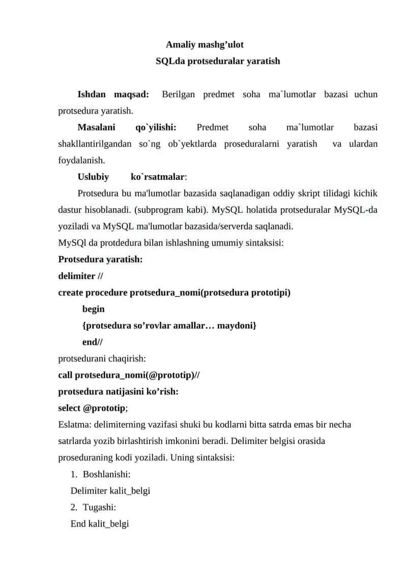 SQLda protseduralar yaratish 1