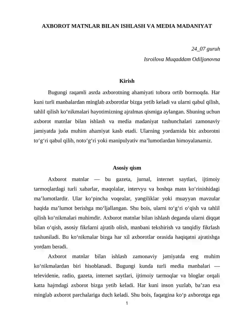 Axborot matnlar bilan ishlash va media madaniyat