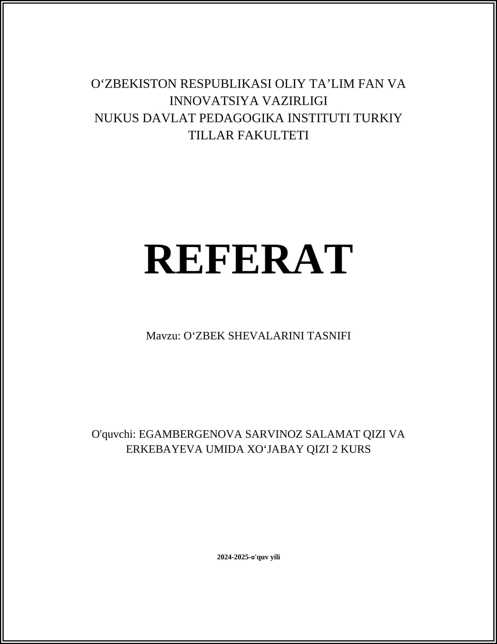 OʻZBEK SHEVALARINI TASNIFI 1