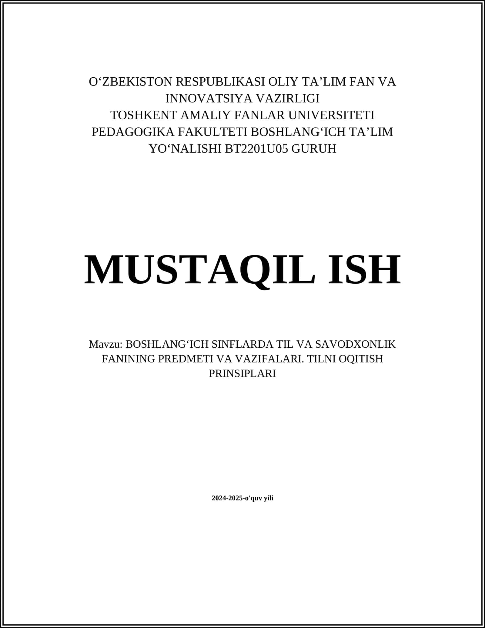 TIL VA SAVODXONLIK: BOSHLANGʻICH TAʼLIMDA OʻZ OʻRNI 1