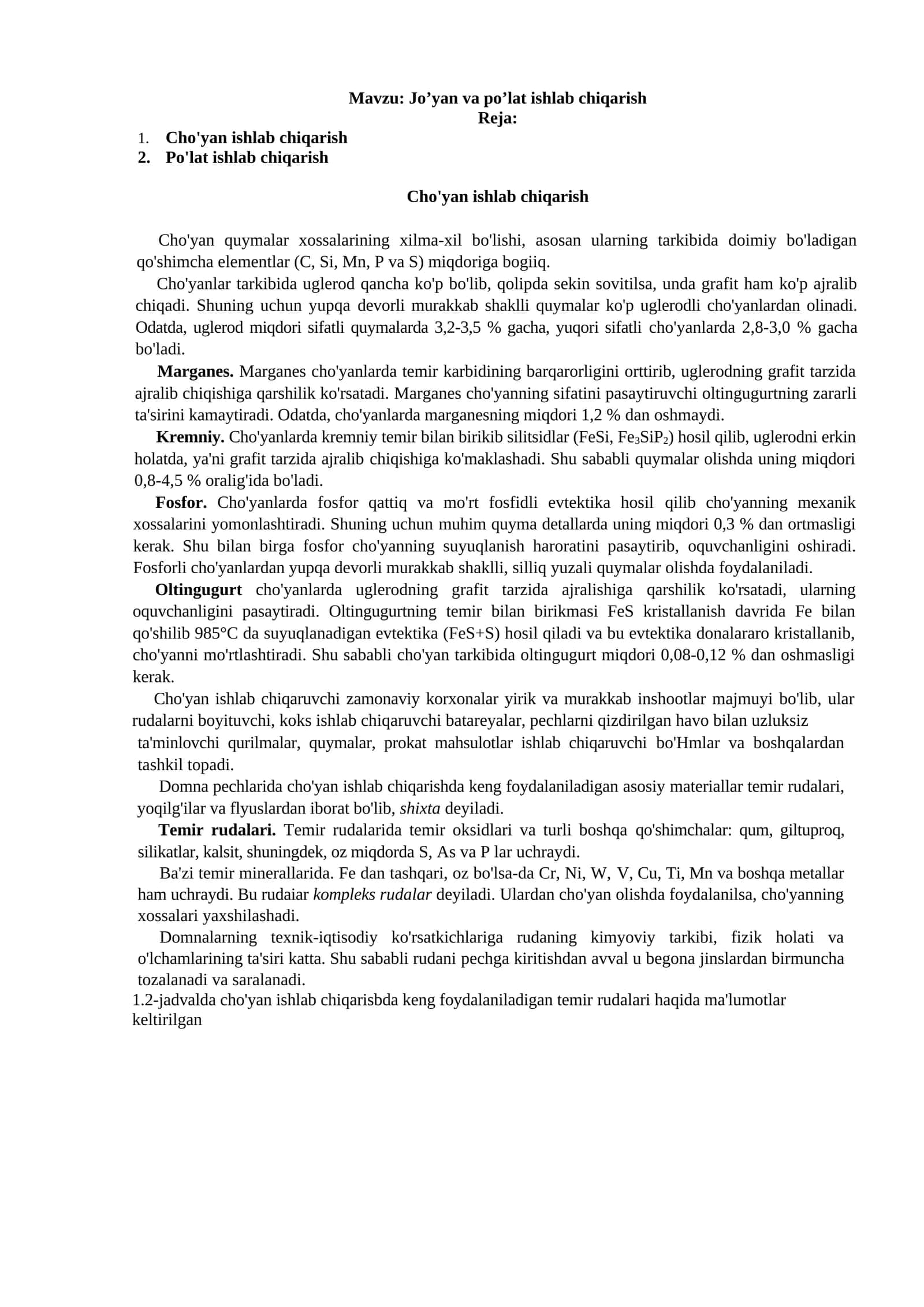 Jo’yan va po’lat ishlab chiqarish 1