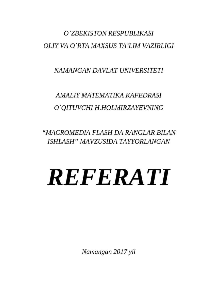 "MACROMEDIA FLASH DA RANGLAR BILAN ISHLASH" REFERATI 1