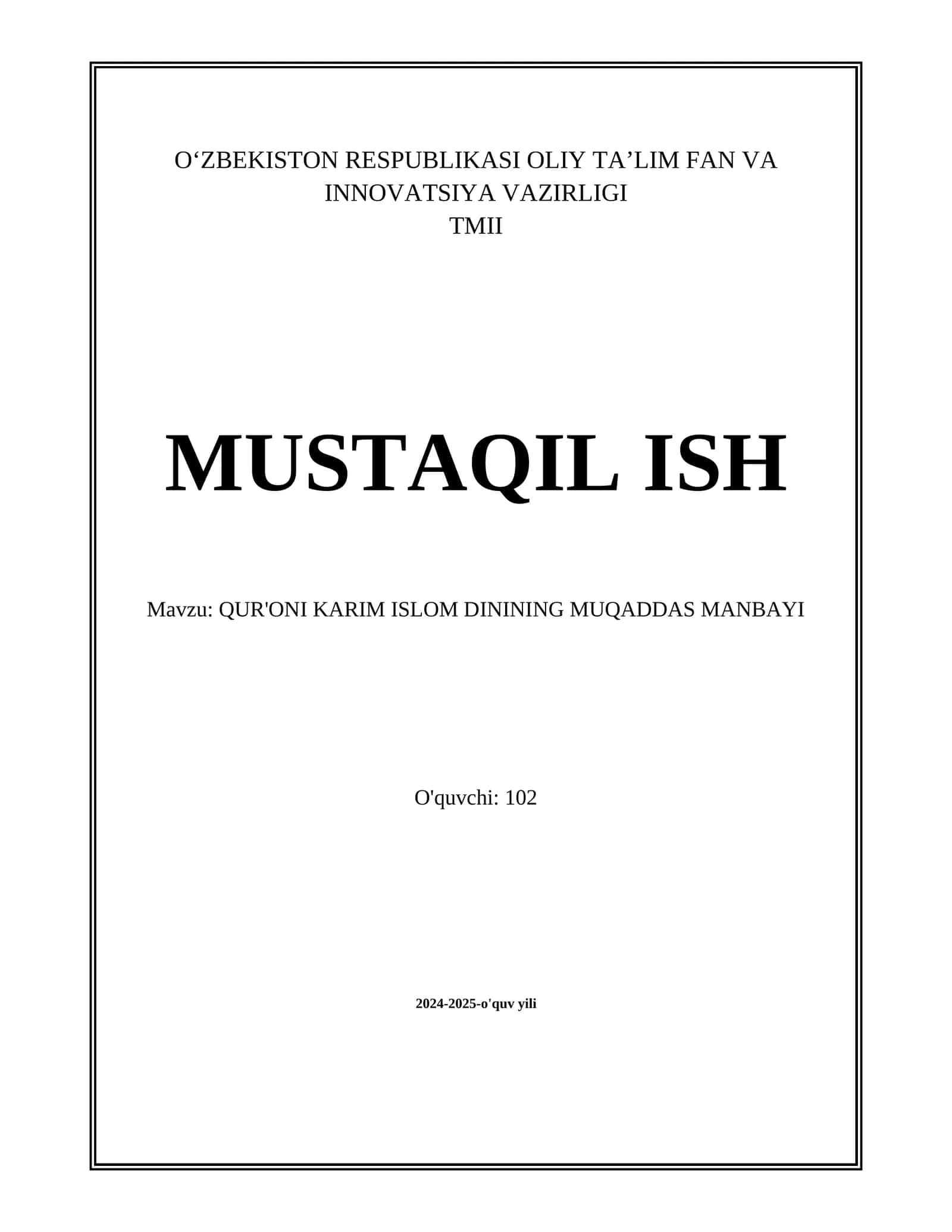 QUR'ONI KARIM ISLOM DININING MUQADDAS MANBAYI 1