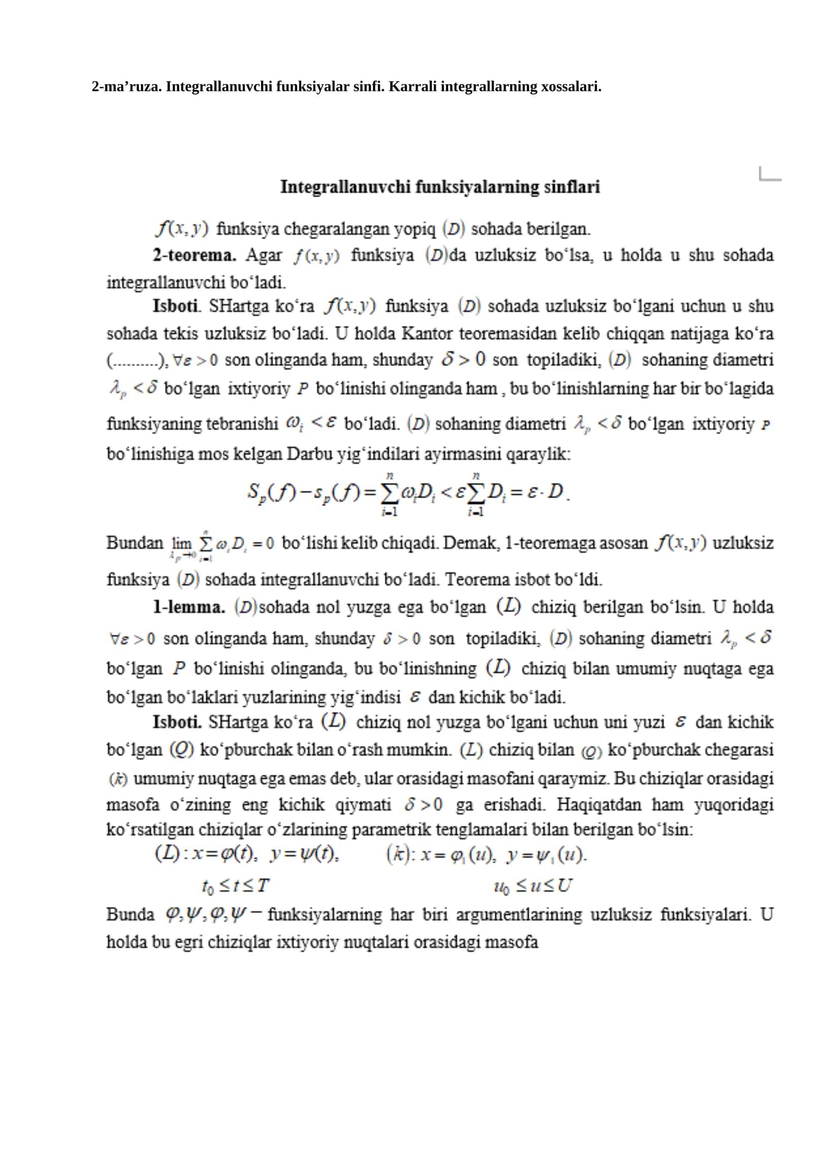Integrallanuvchi funksiyalar sinfi 1