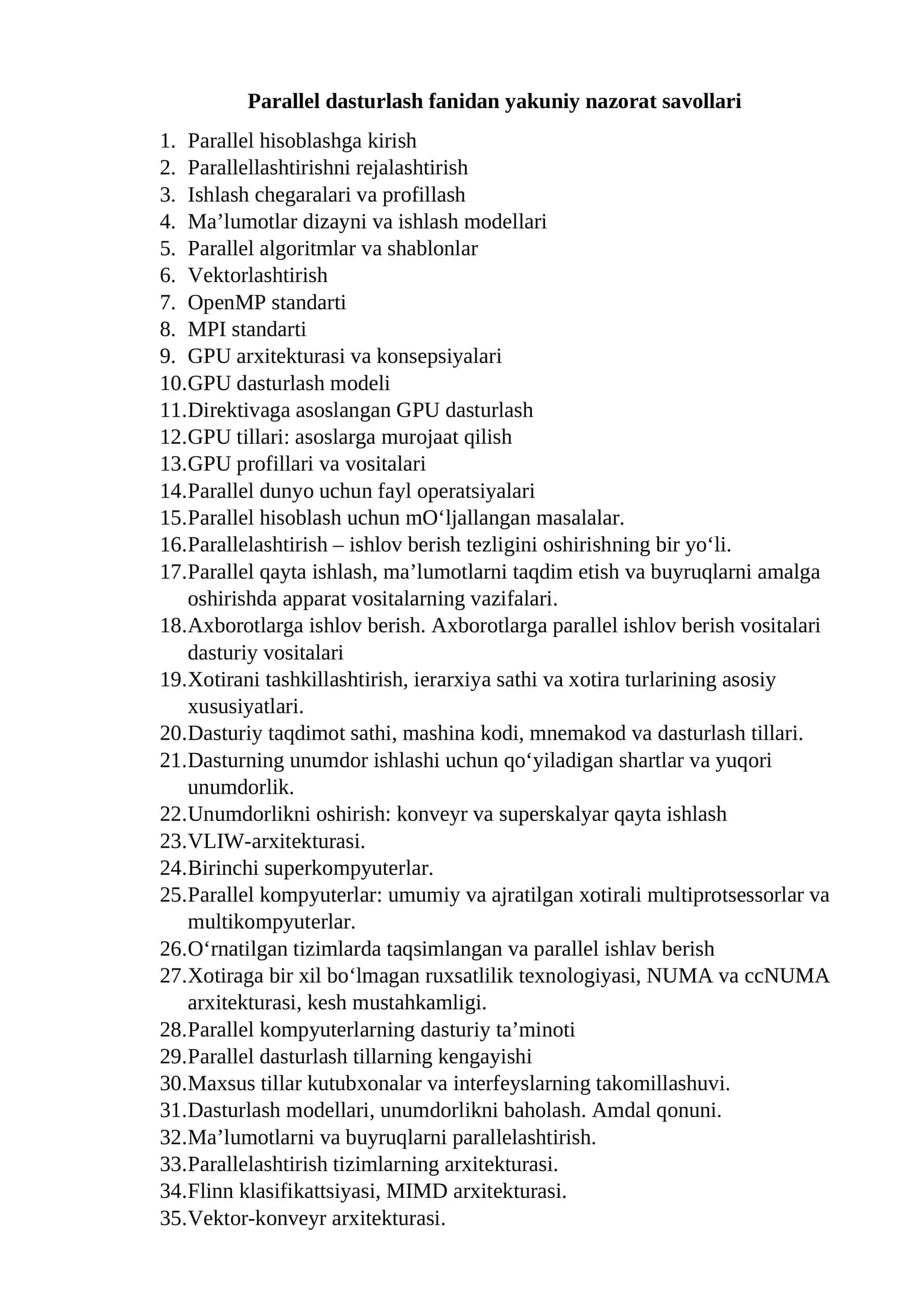 Parallel dasturlash fanidan yakuniy nazorat savollari 1
