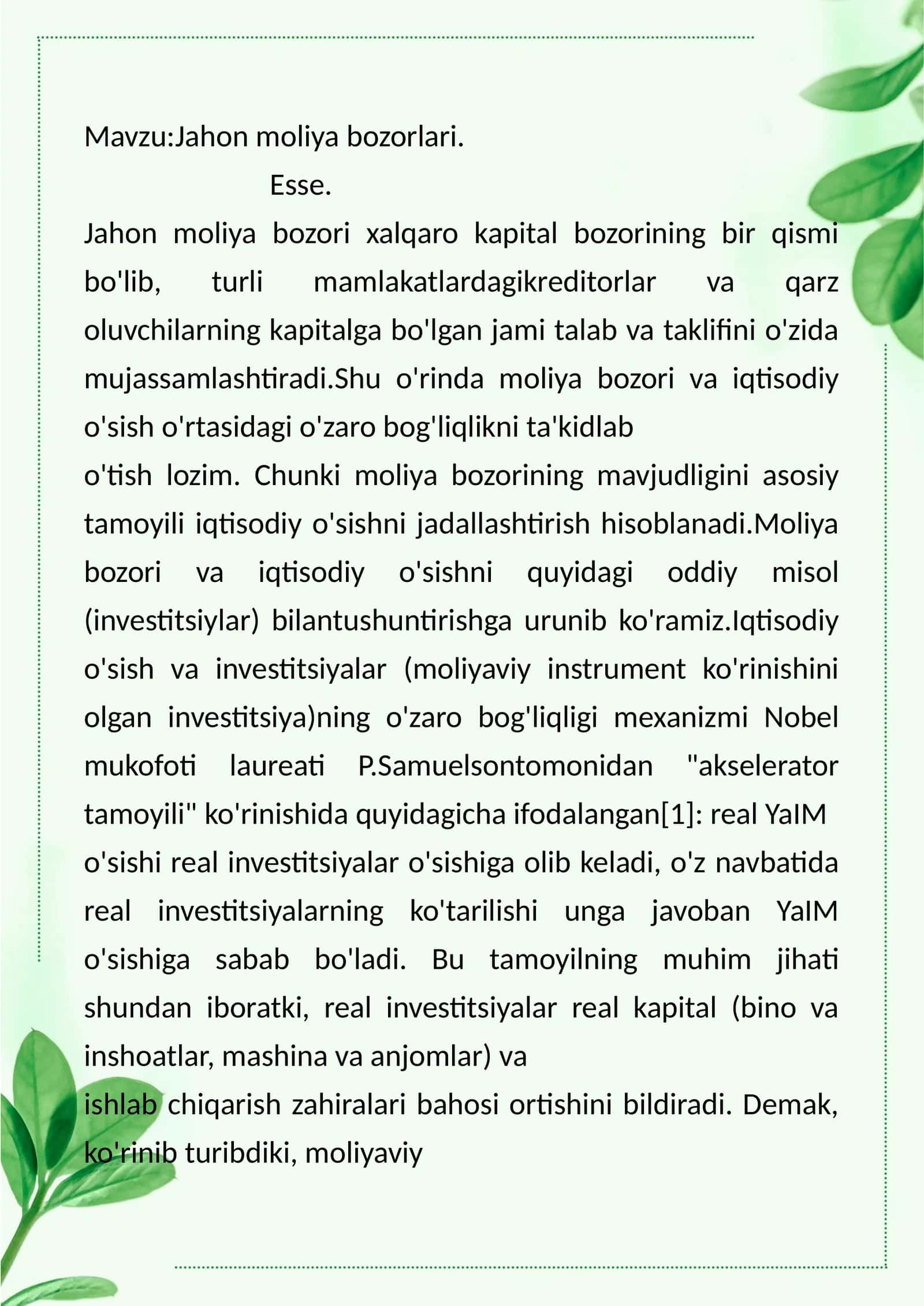 Jahon moliya bozorlari 1