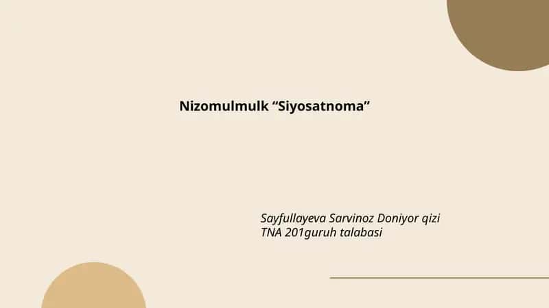 Nizomulmulk “Siyosatnoma” 1