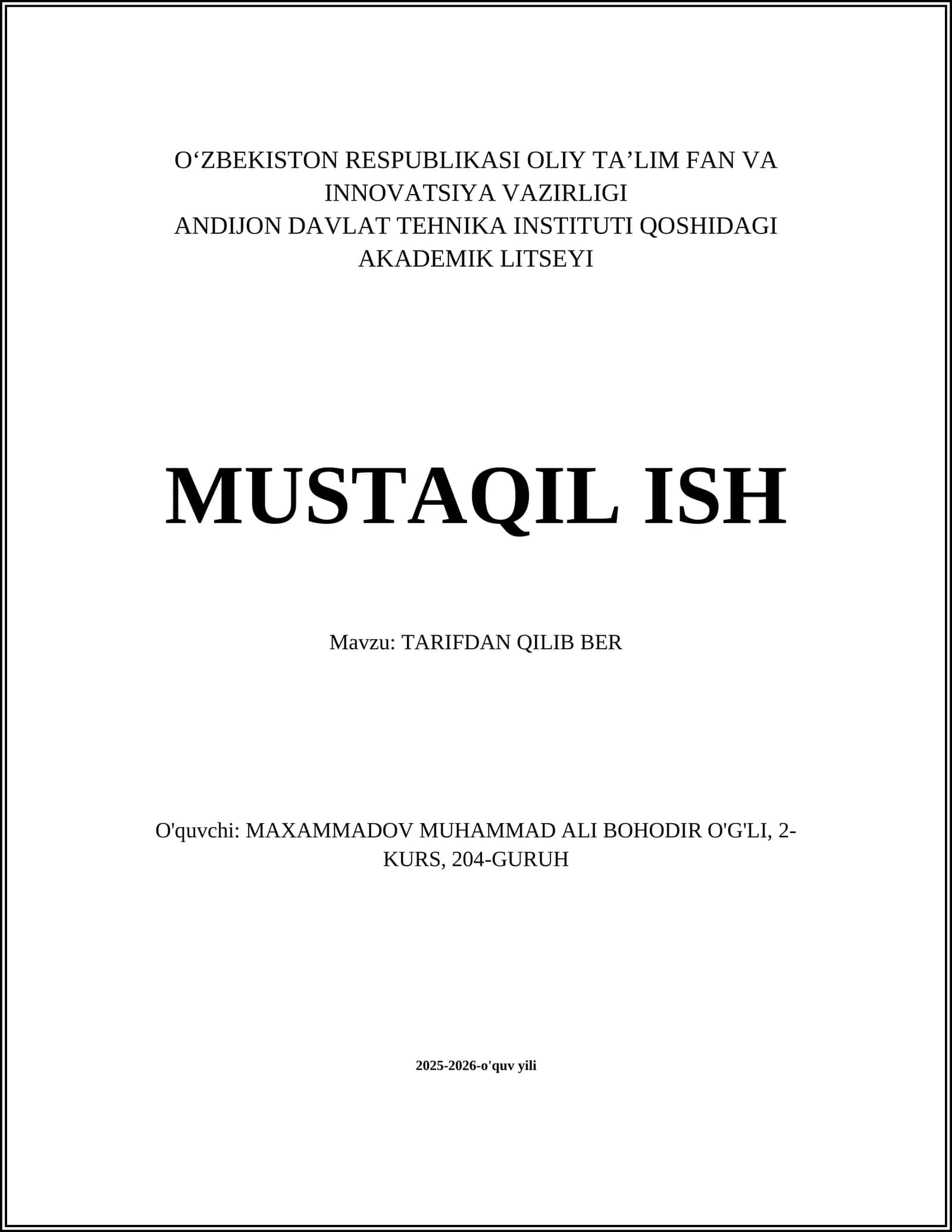 TARIFDAN QILIB BER 1