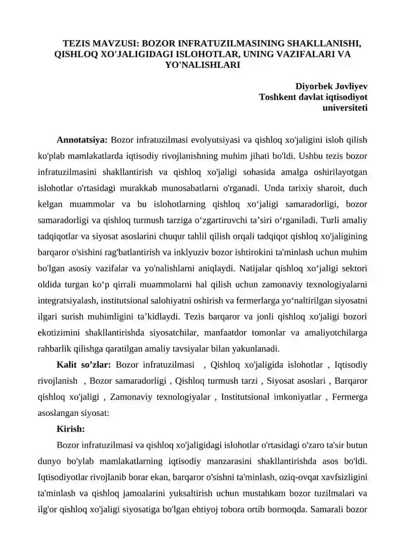 Bozor infratuzilmasining shakllanishi, qishloq xo'jaligida islohotlar
