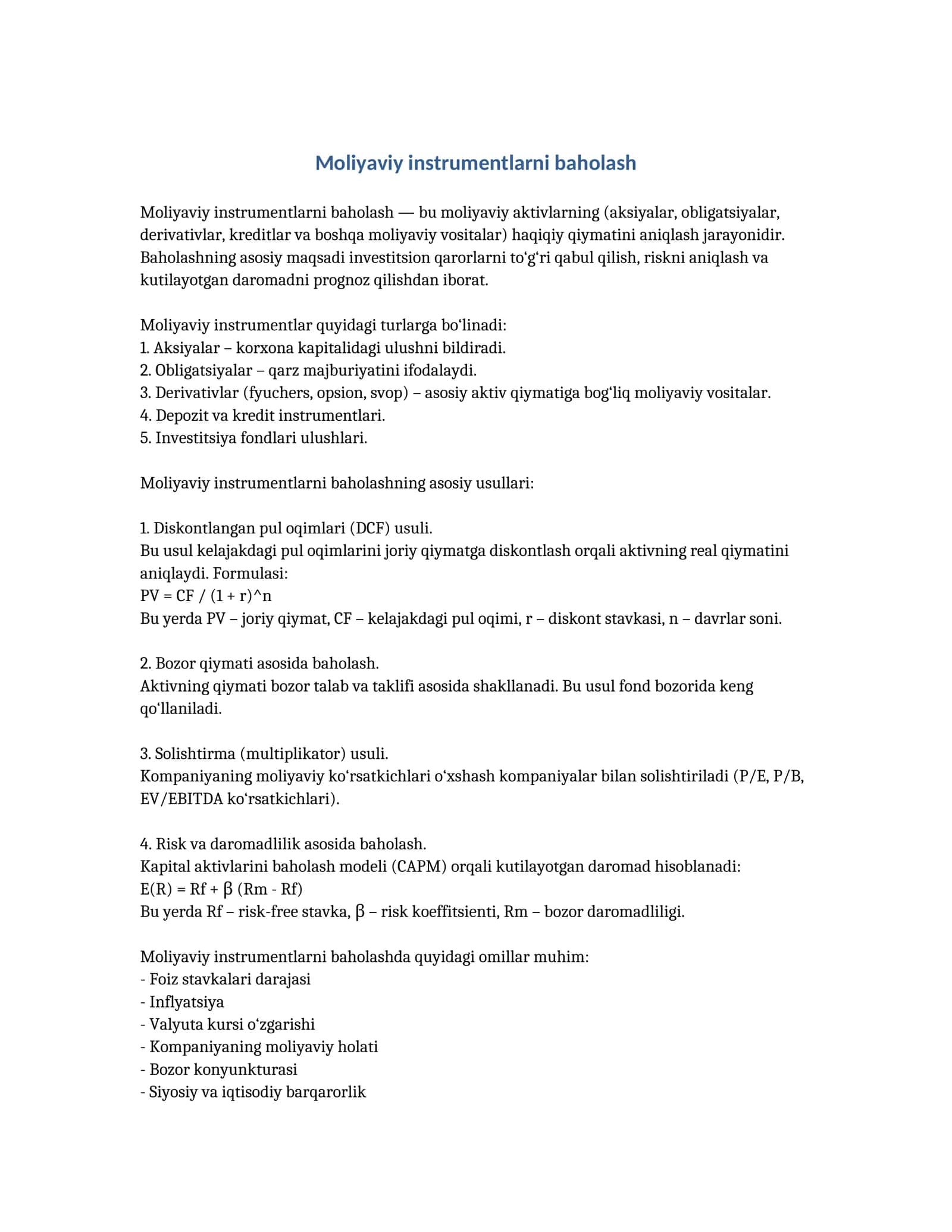 Moliyaviy instrumentlarni baholash 1