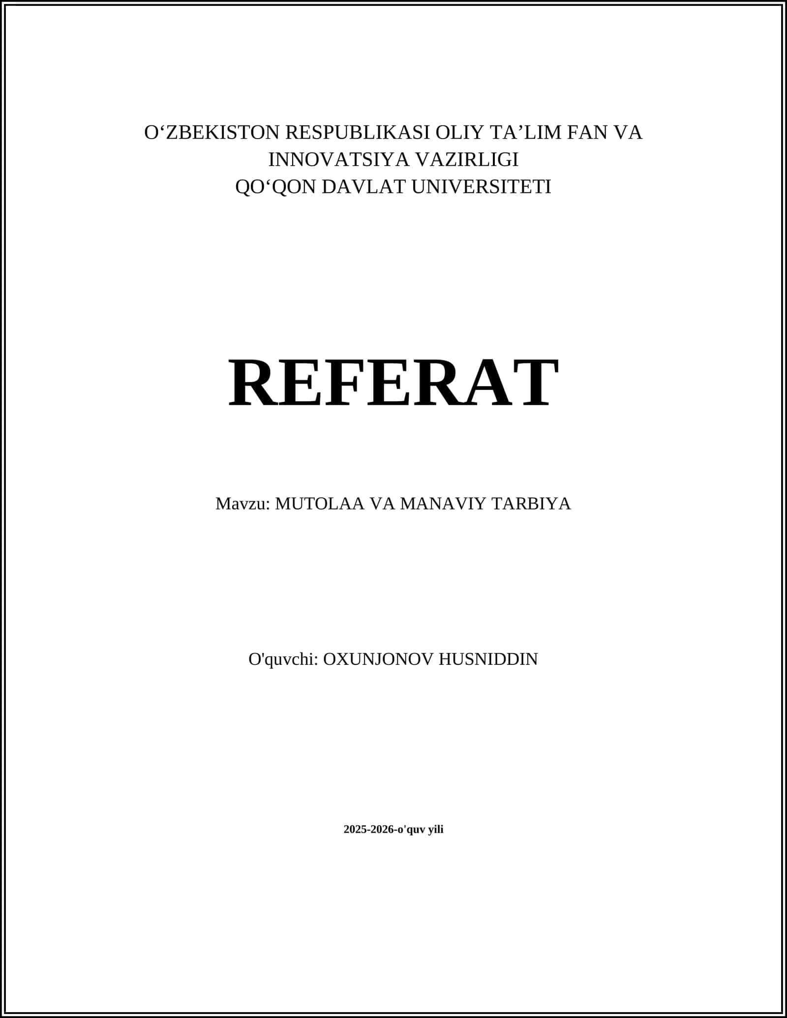 MUTOLAA VA MANAVIY TARBIYA 1