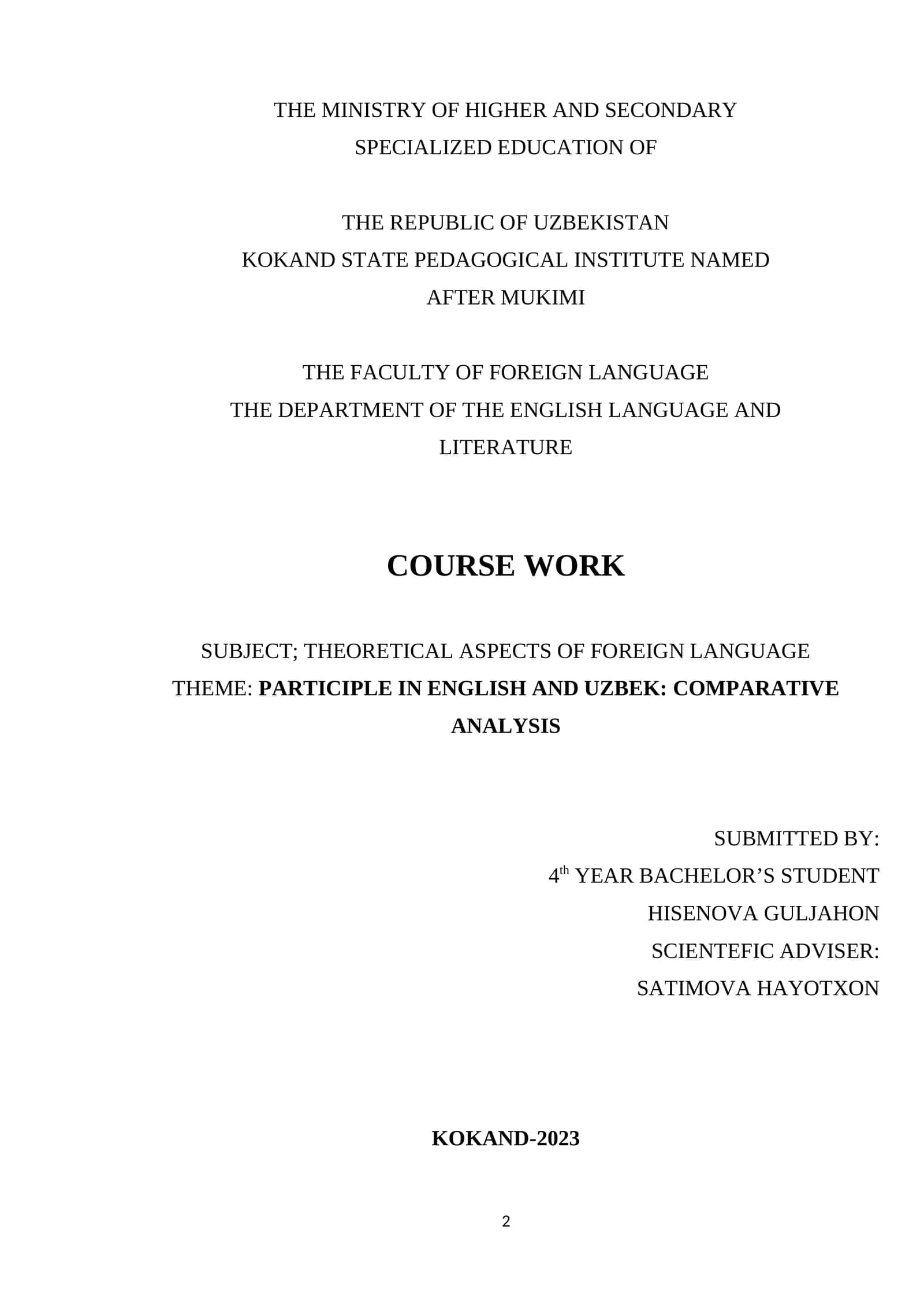 PARTICIPLE IN ENGLISH AND UZBEK: COMPARATIVE ANALYSIS 1