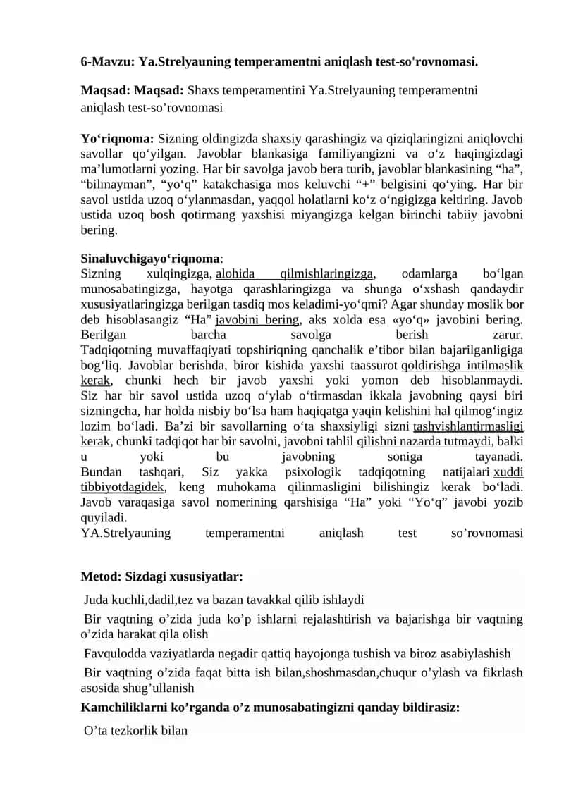 Ya.Strelyauning temperamentni aniqlash test-so'rovnomasi 1
