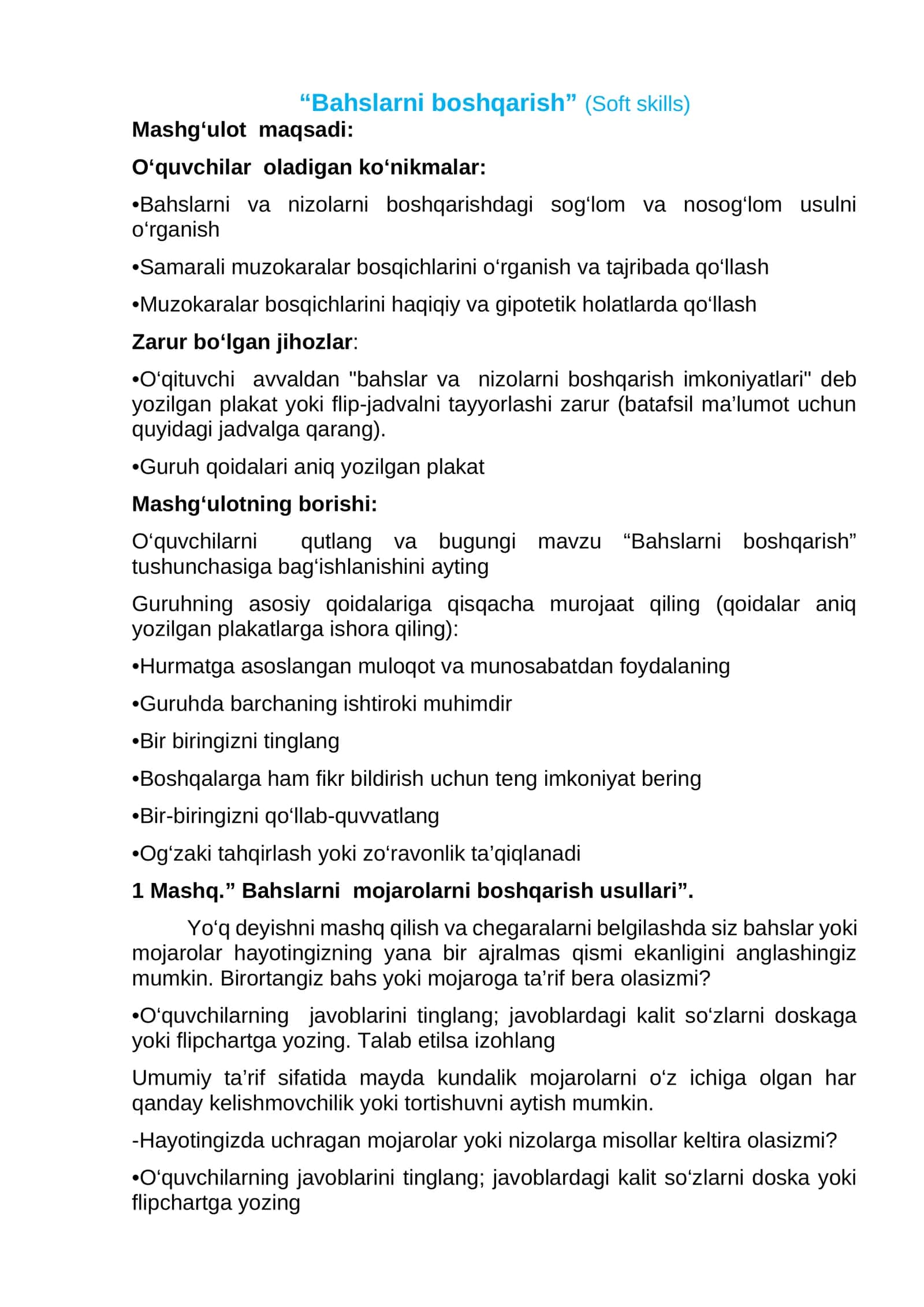 “Bahslarni boshqarish” (Soft skills) 1