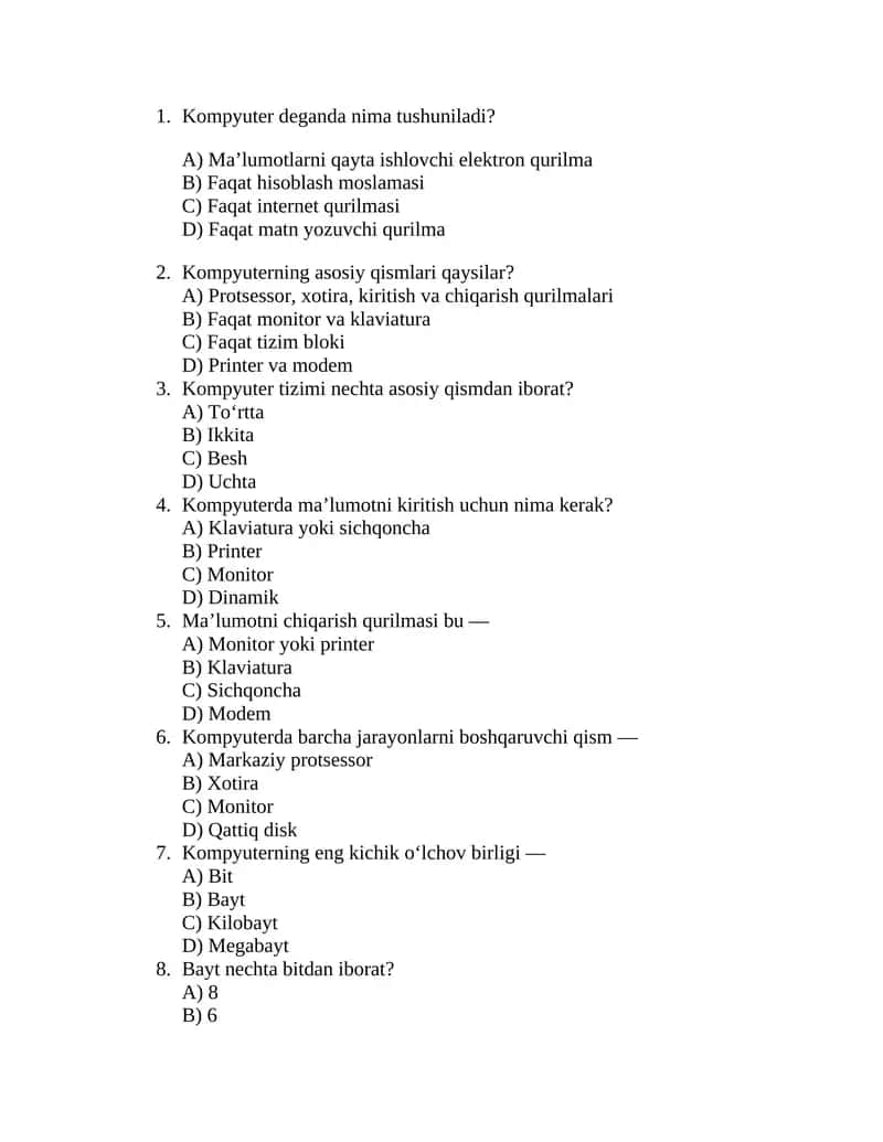 Kompyuter bo'yicha test savol-javoblari 1