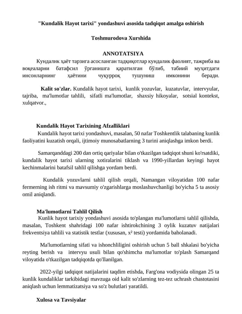 Kundalik Hayot Tarixi 1