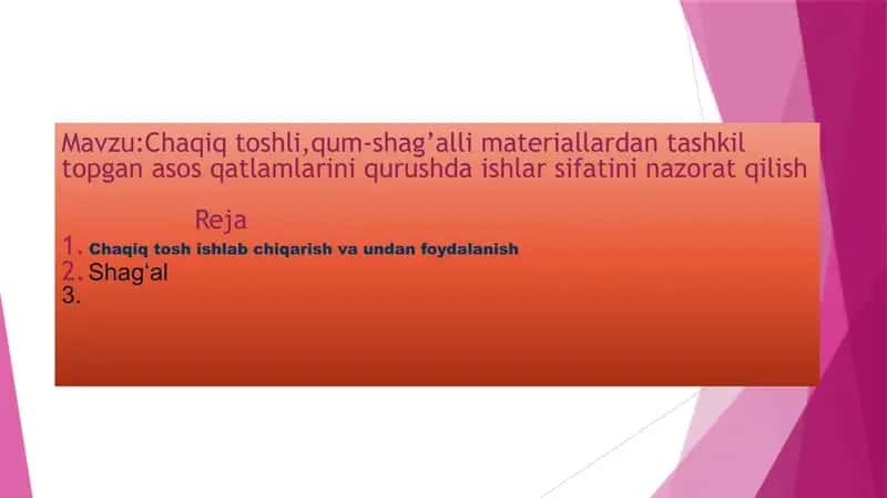 Chaqiq toshli,qum-shag’alli materiallardan tashkil topgan asos qatlamlarini qurushda ishlar sifatini nazorat qilish 1