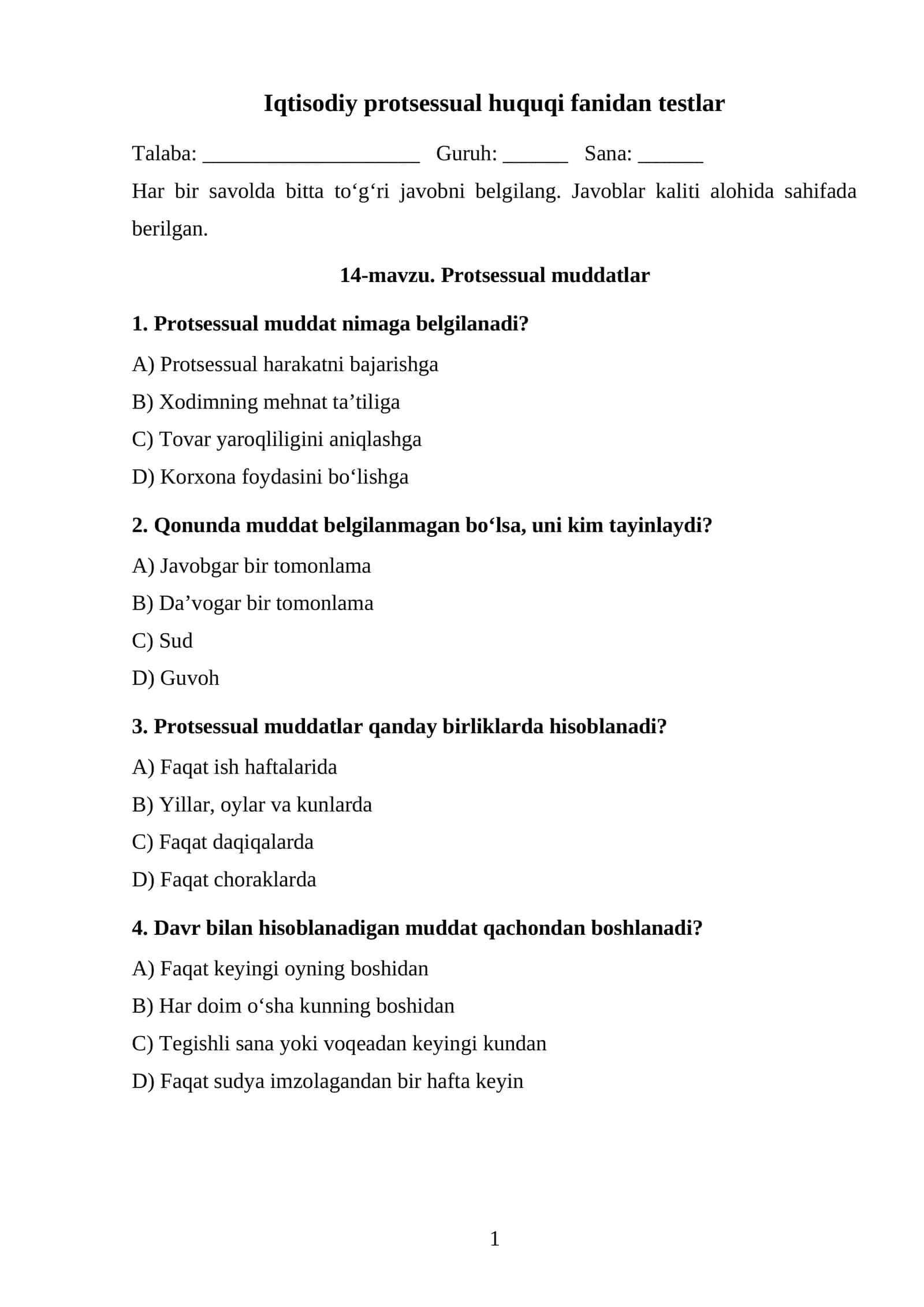 Protsessual muddatlar TEST 1