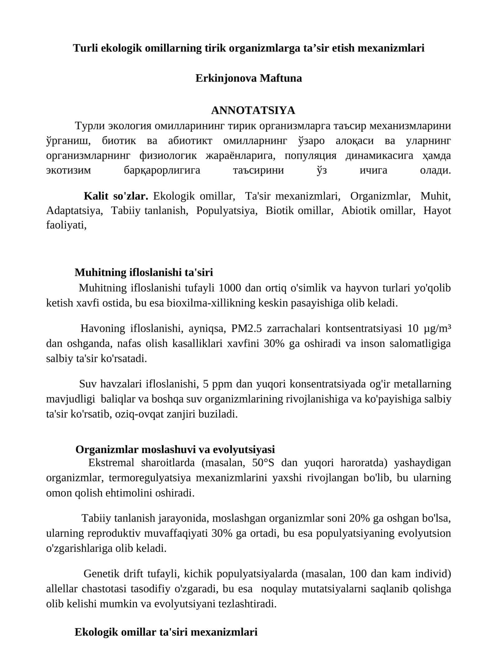 Turli ekologik omillarning tirik organizmlarga ta’sir etish mexanizmlari 1