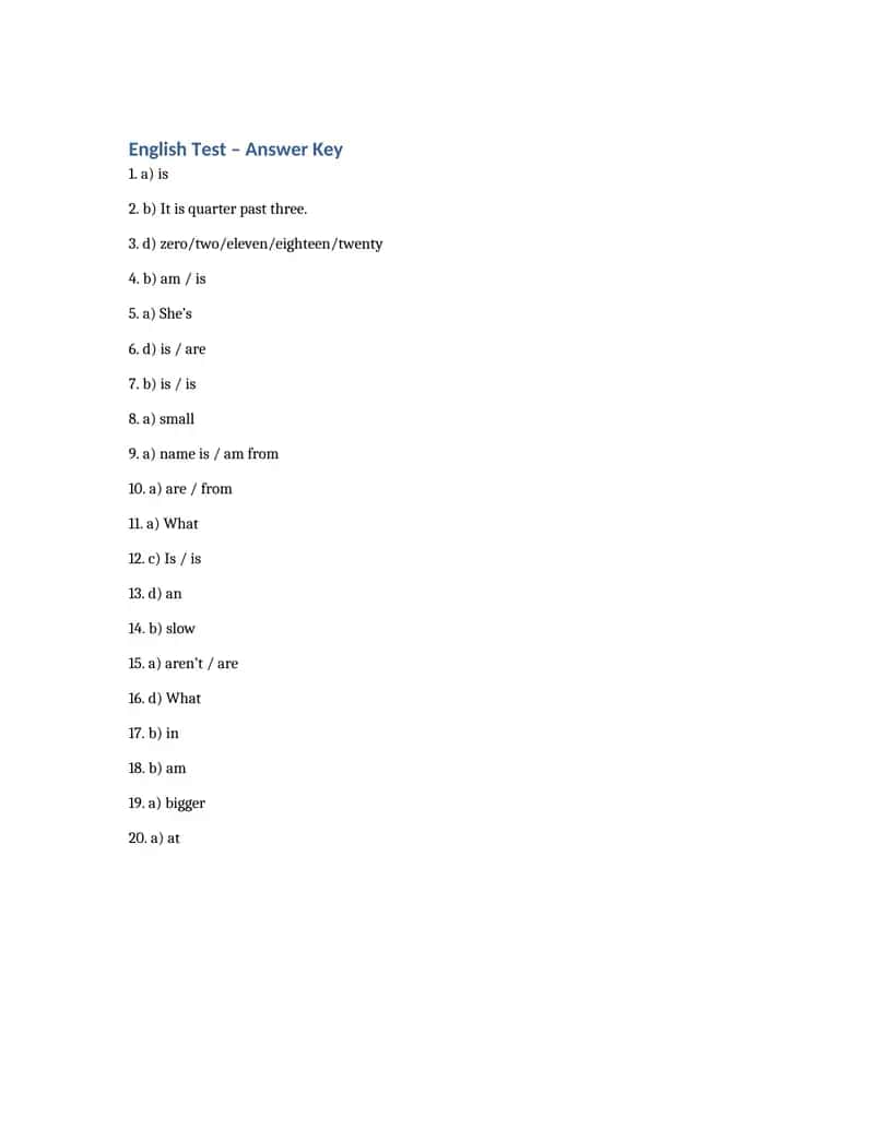 English Test – Answer Key 1