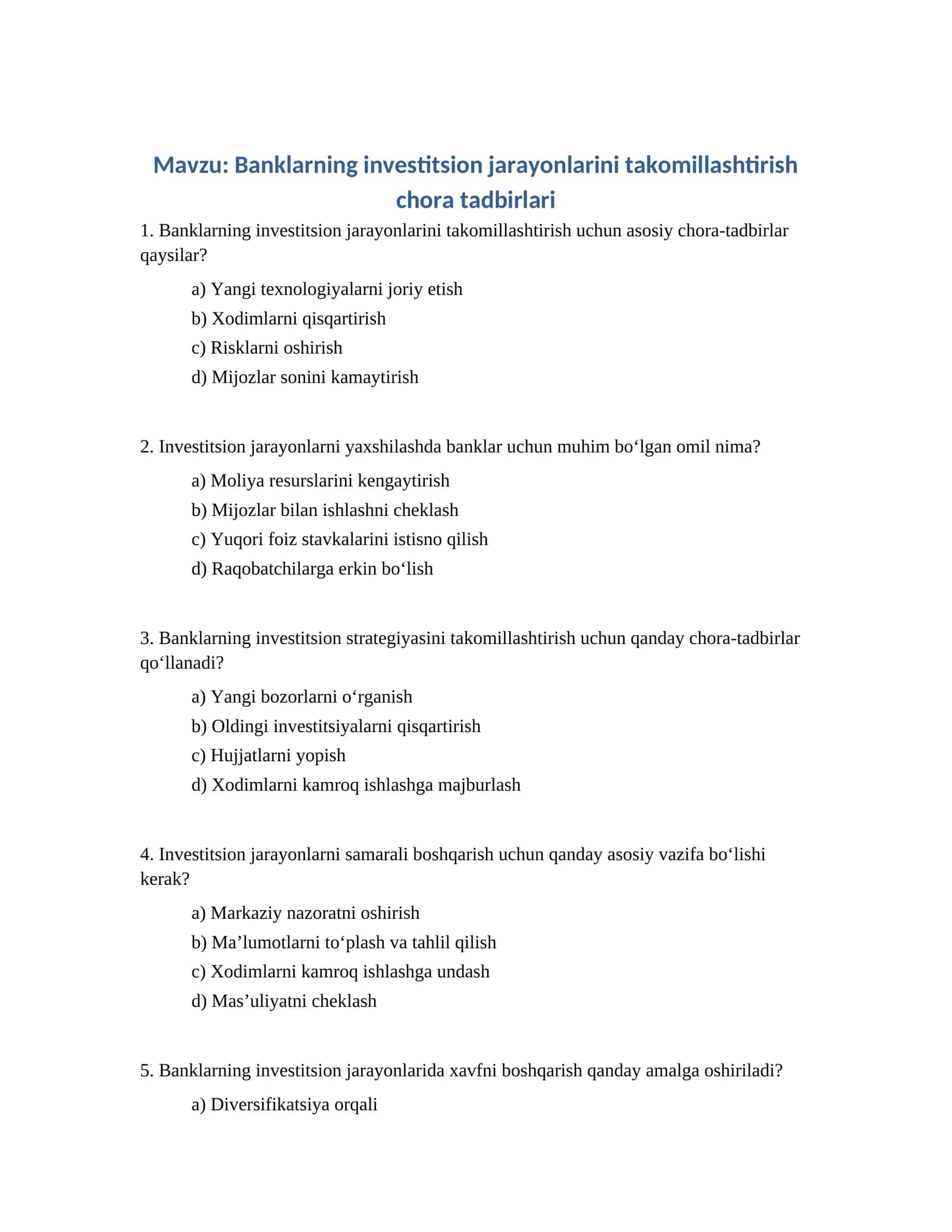 Banklarning investitsion jarayonlarini takomillashtirish chora tadbirlari 1