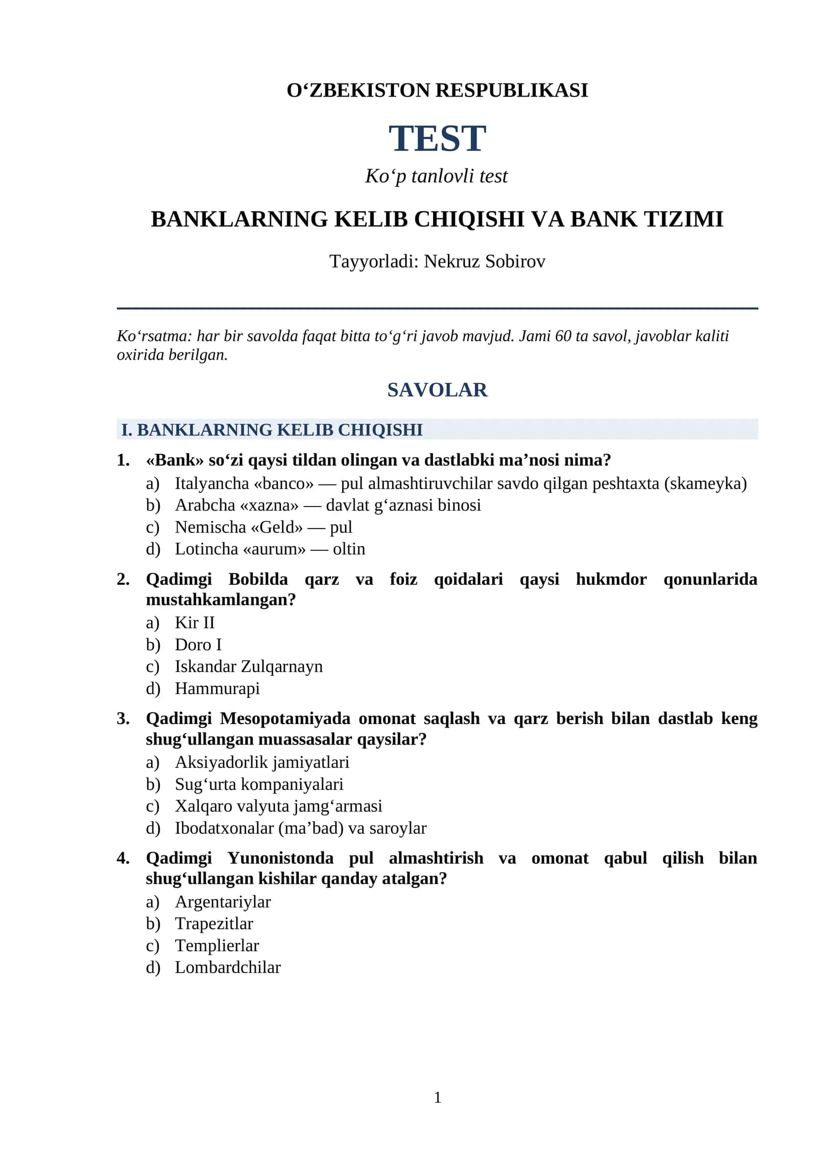 BANKLARNING KELIB CHIQISHI VA BANK TIZIMI 1