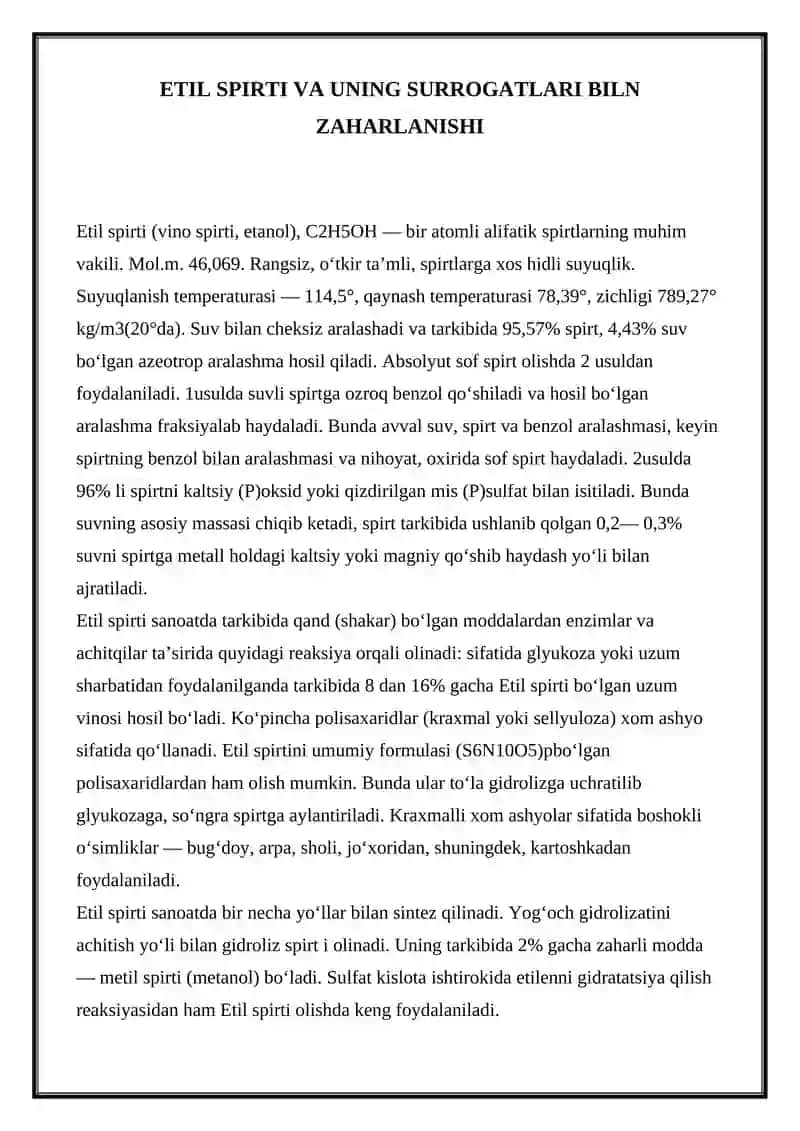Etil spirti va uning surrogatlari biln zaharlanishi