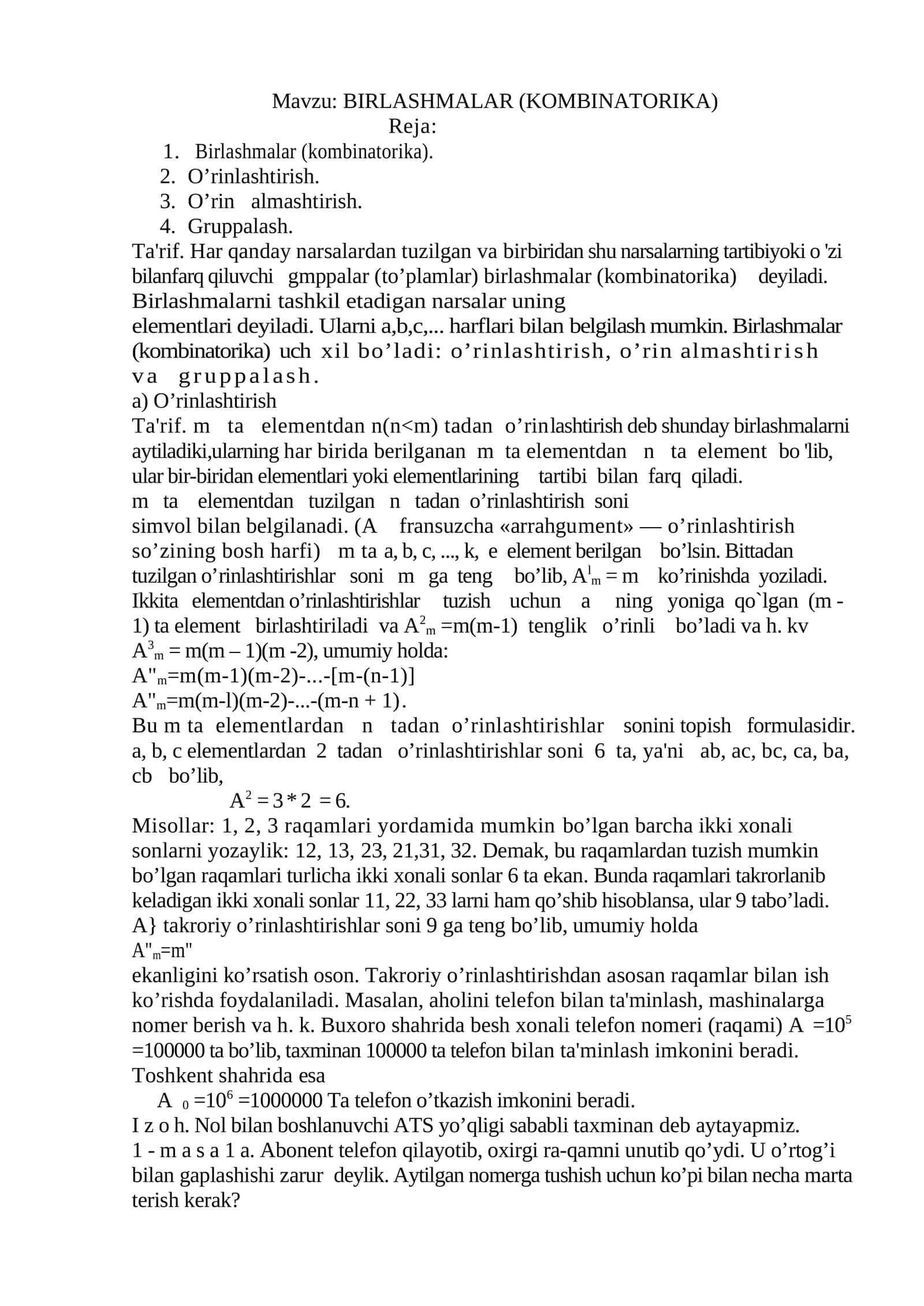 BIRLASHMALAR (KOMBINATORIKA) 1