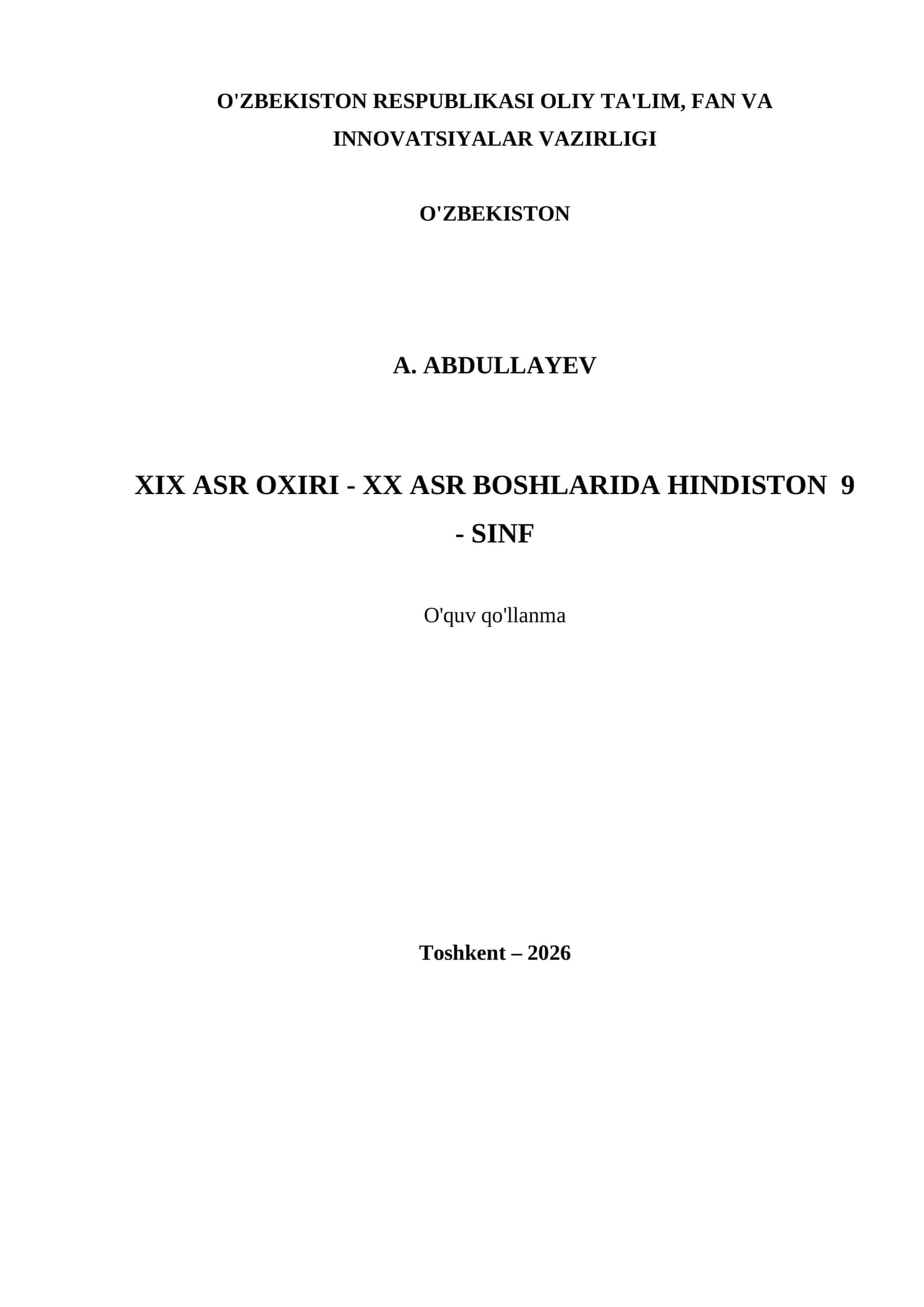 XIX ASR OXIRI - XX ASR BOSHLARIDA HINDISTON 9 - SINF 1