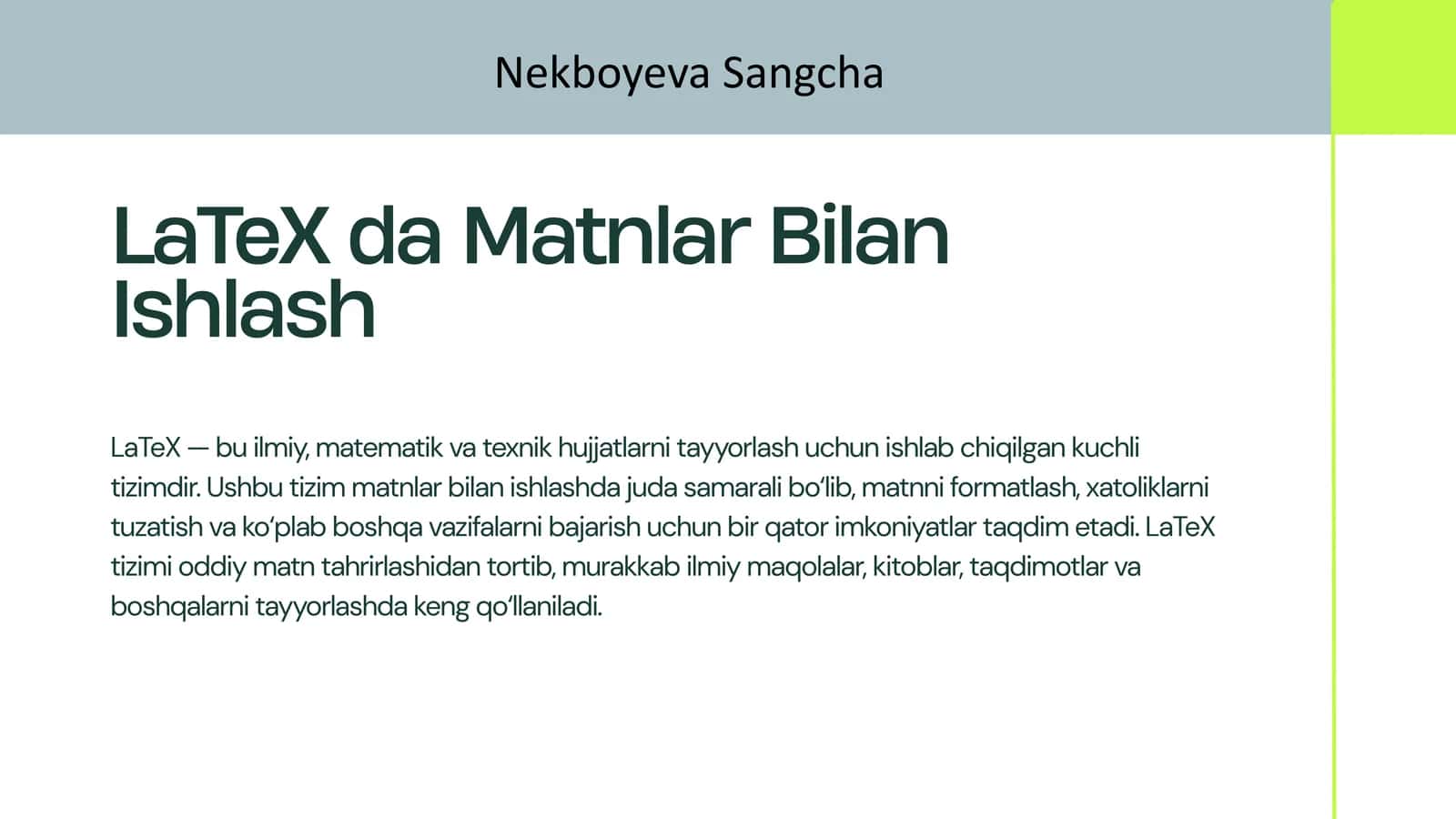 LaTeX da Matnlar Bilan Ishlash 1