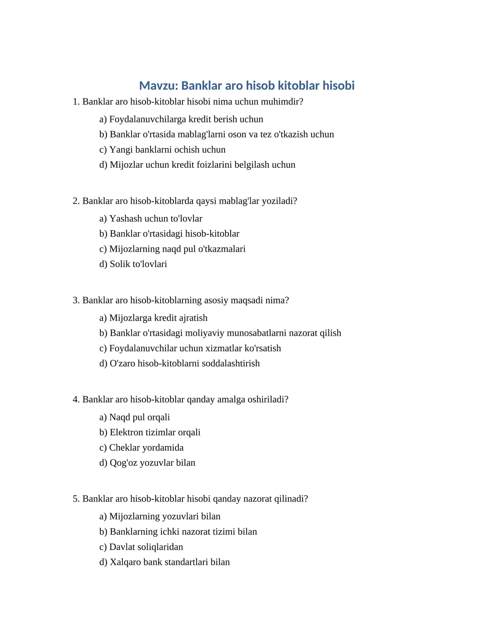 Banklar aro hisob-kitoblar hisobi 1
