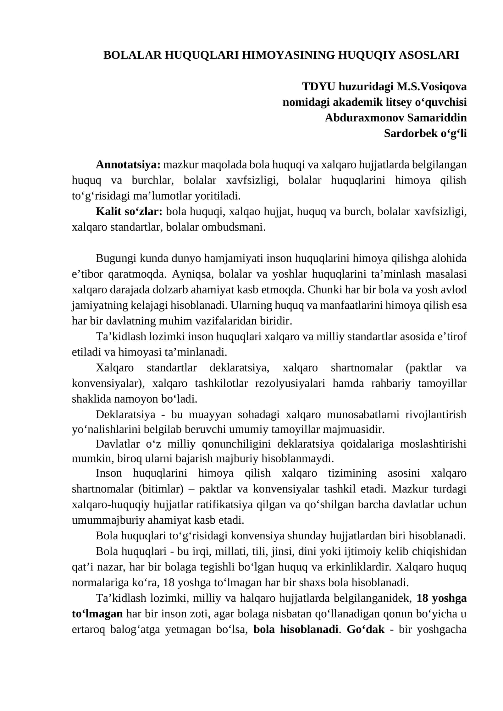 BOLALAR HUQUQLARI HIMOYASINING HUQUQIY ASOSLARI 1