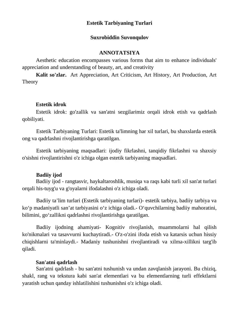 Estetik Tarbiyaning Turlari 1