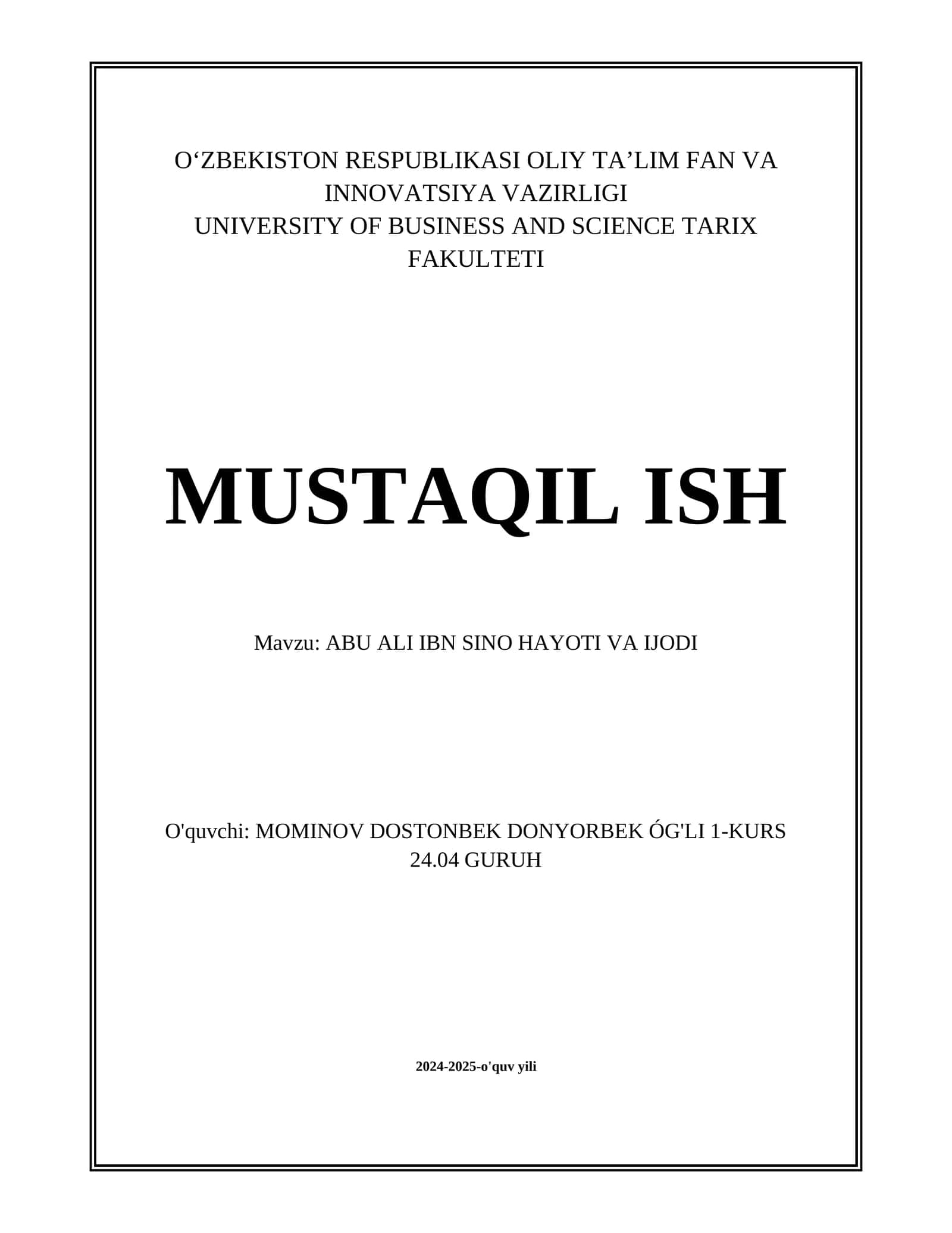 ABU ALI IBN SINO HAYOTI VA IJODI 1