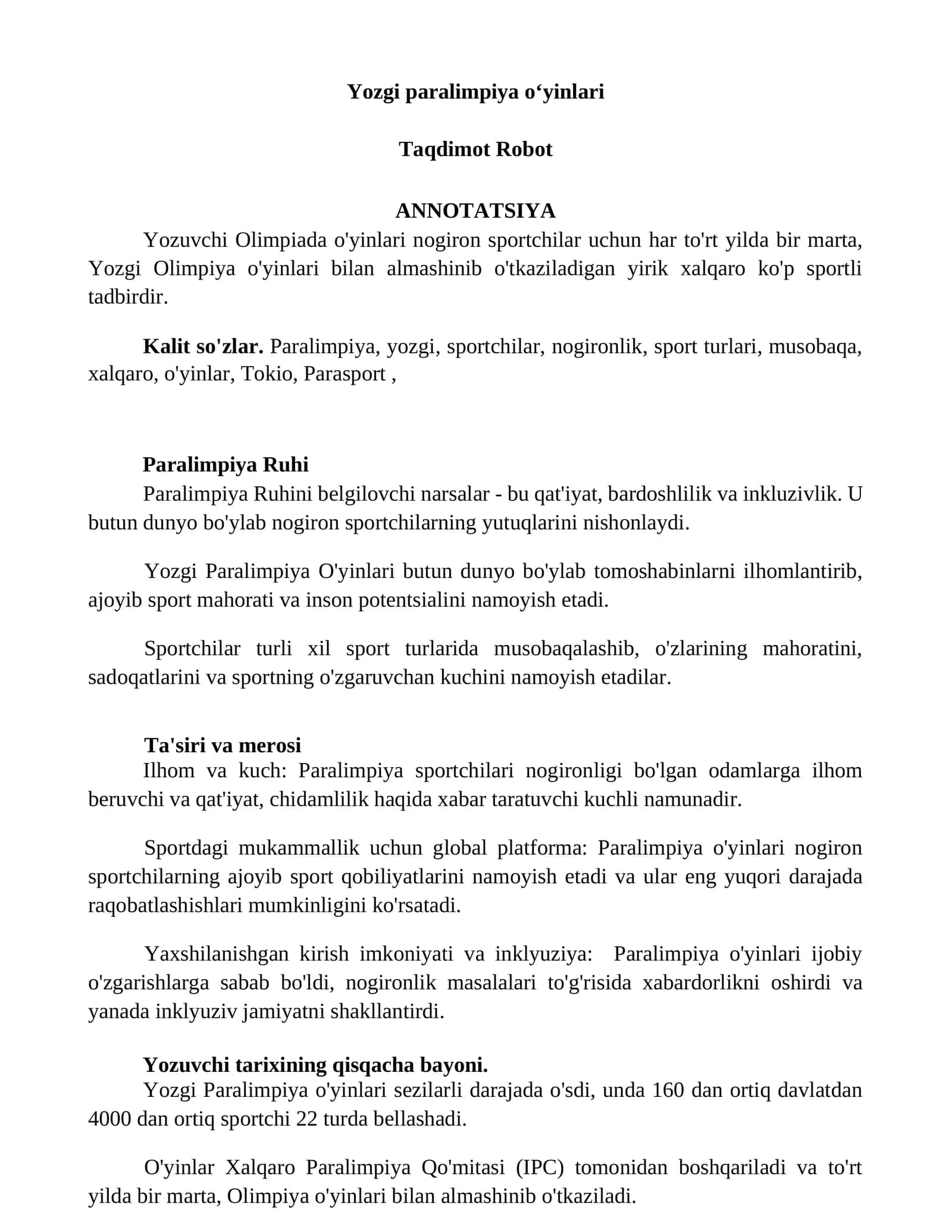 Yozgi Paralimpiya O'yinlari 1