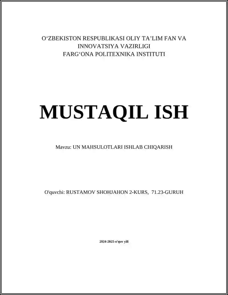 UN MAHSULOTLARI ISHLAB CHIQARISH