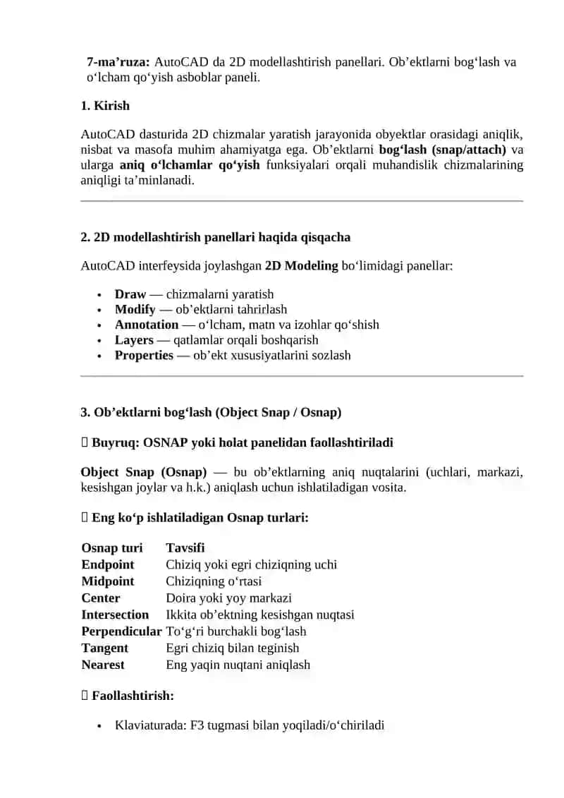 AutoCAD 2D modellashtirish paneli