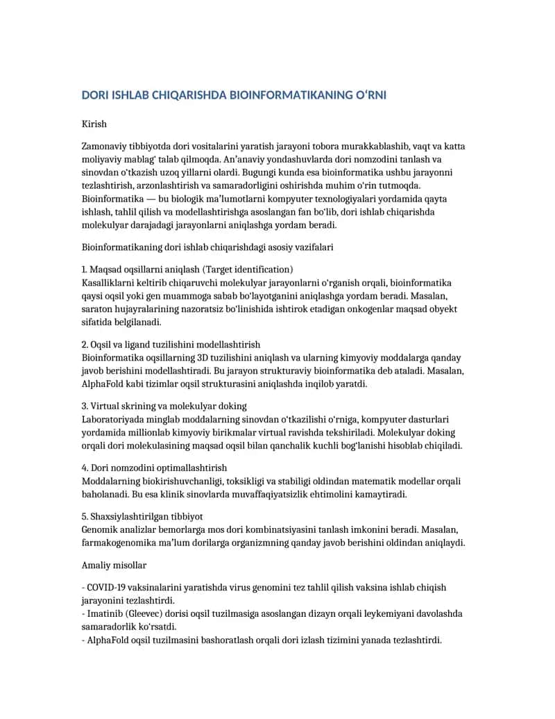 Dori ishlab chiqarishda Bioinformatikaning o‘rni 1