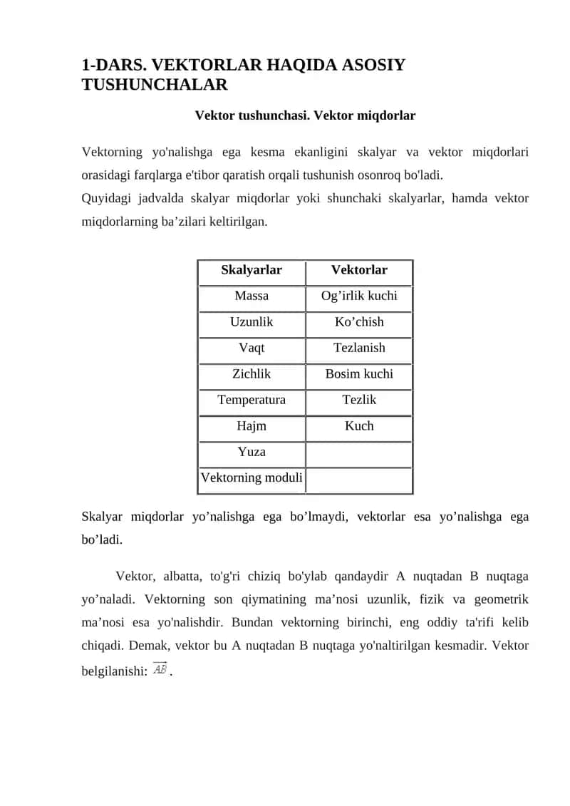 VEKTORLAR HAQIDA ASOSIY TUSHUNCHALAR 1