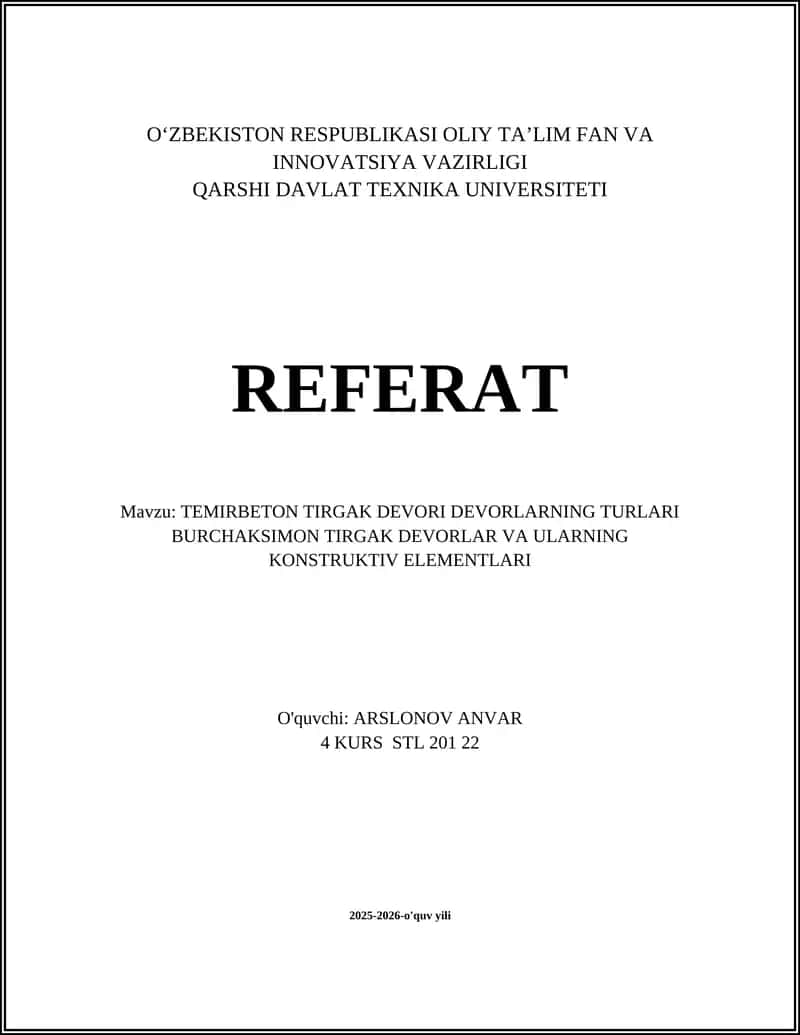 TEMIRBETON TIRGAK DEVORI DEVORLARNING TURLARI BURCHAKSIMON TIRGAK DEVORLAR VA ULARNING KONSTRUKTIV ELEMENTLARI 1