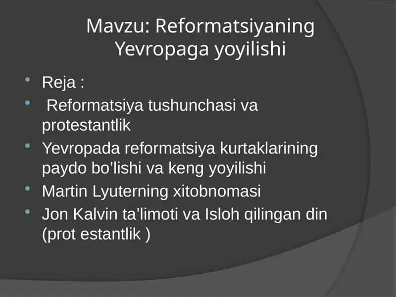 Reformatsiyaning Yevropa ga yayilishi 1