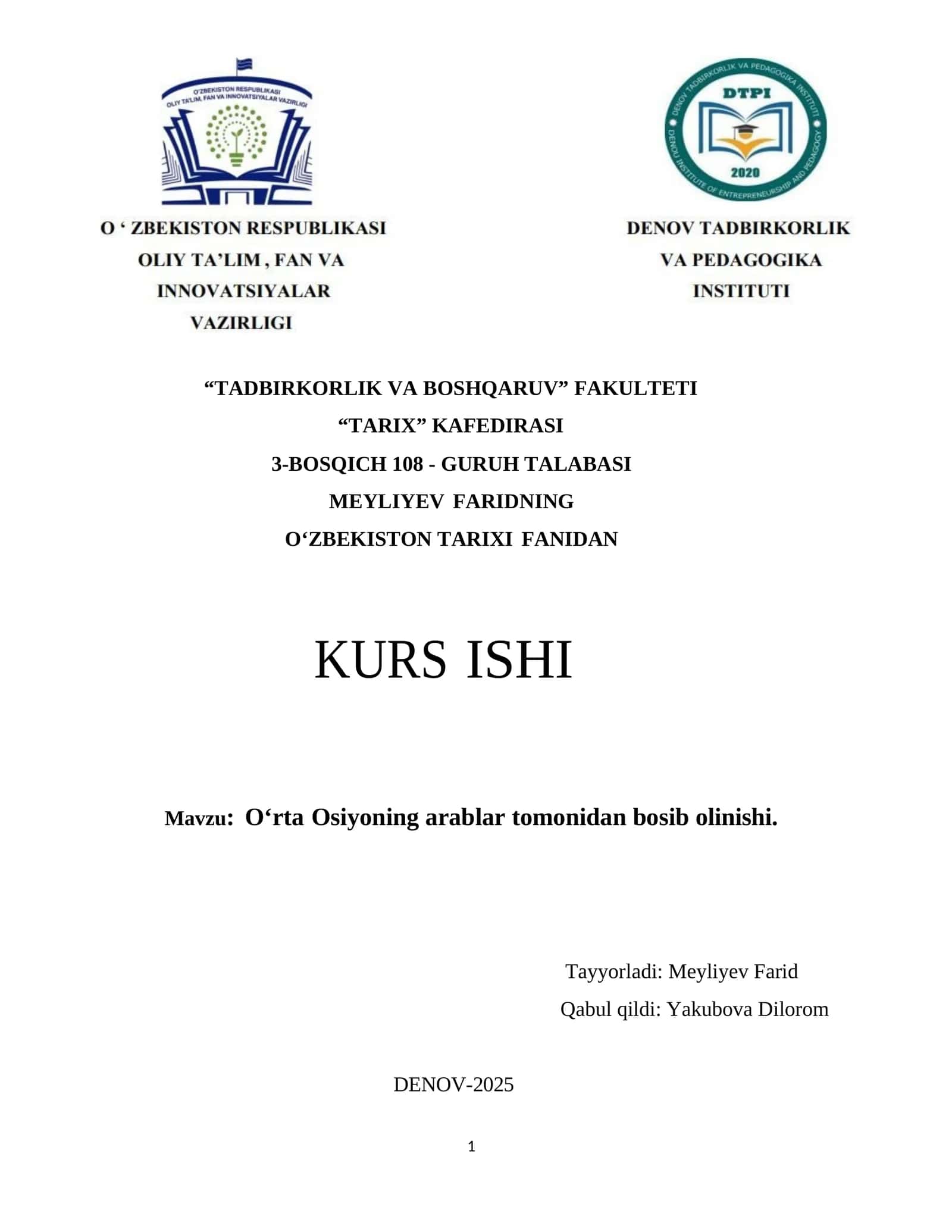 O‘rta Osiyoning arablar tomonidan bosib olinishi 1