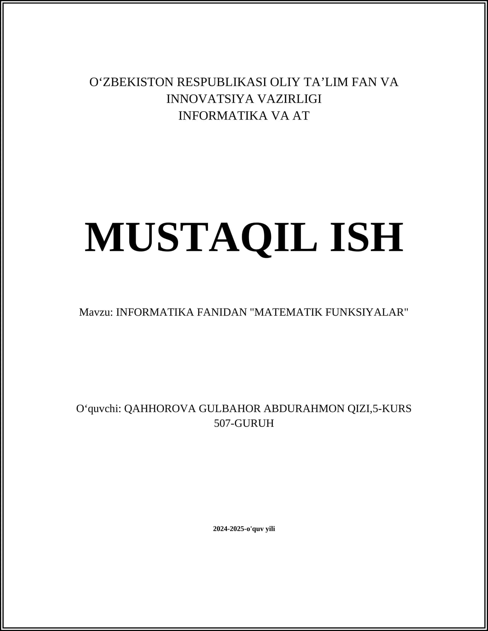 INFORMATIKA FANIDAN "MATEMATIK FUNKSIYALAR" 1