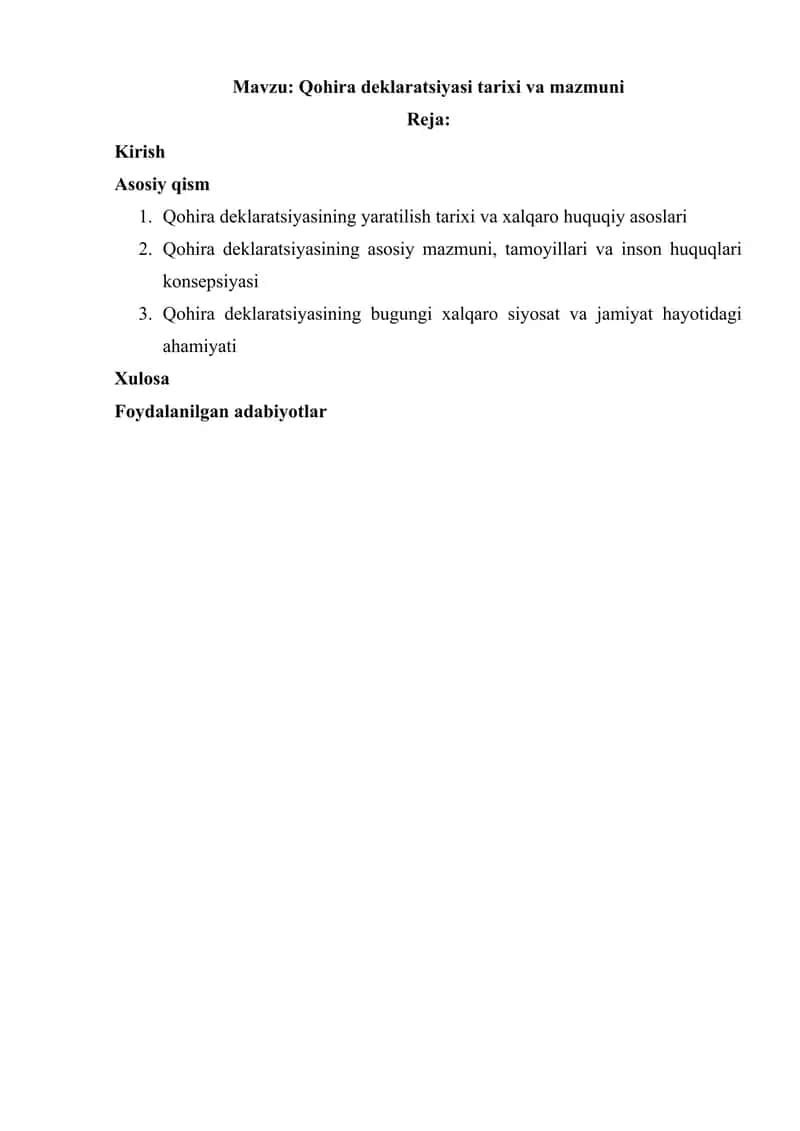 Qohira deklaratsiyasi tarixi va mazmuni 1