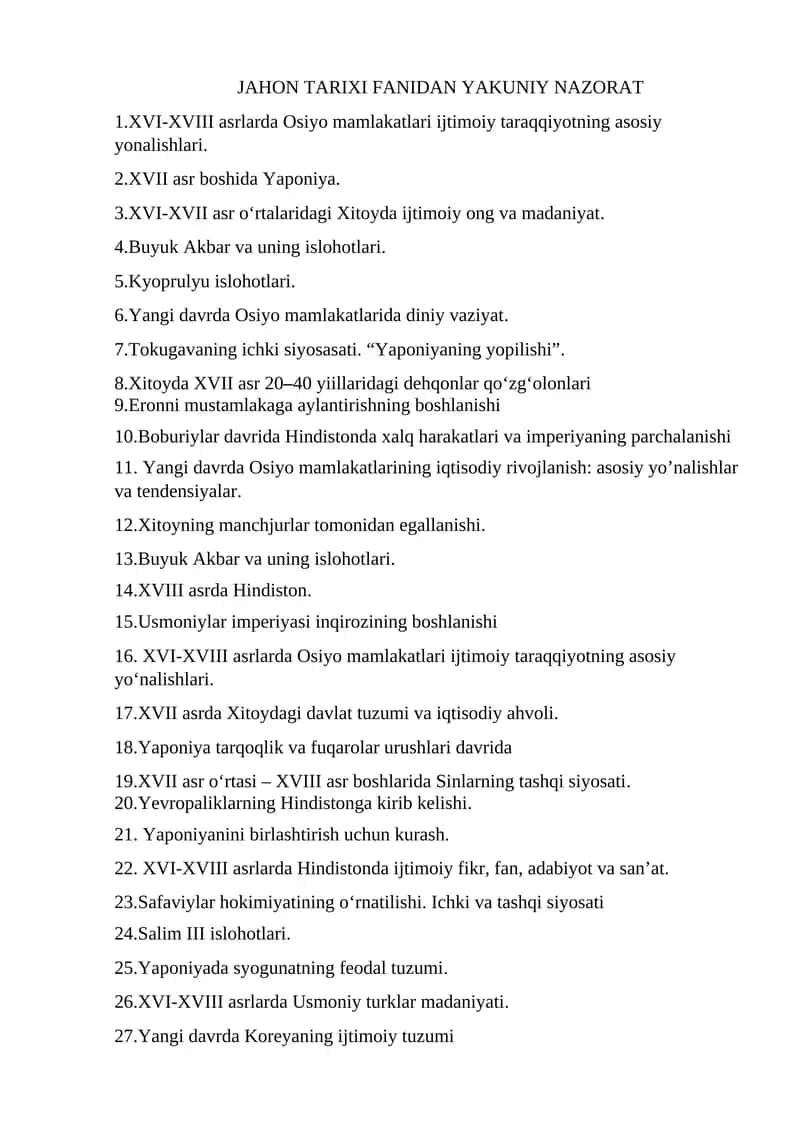 JAHON TARIXI FANIDAN YAKUNIY NAZORAT 1