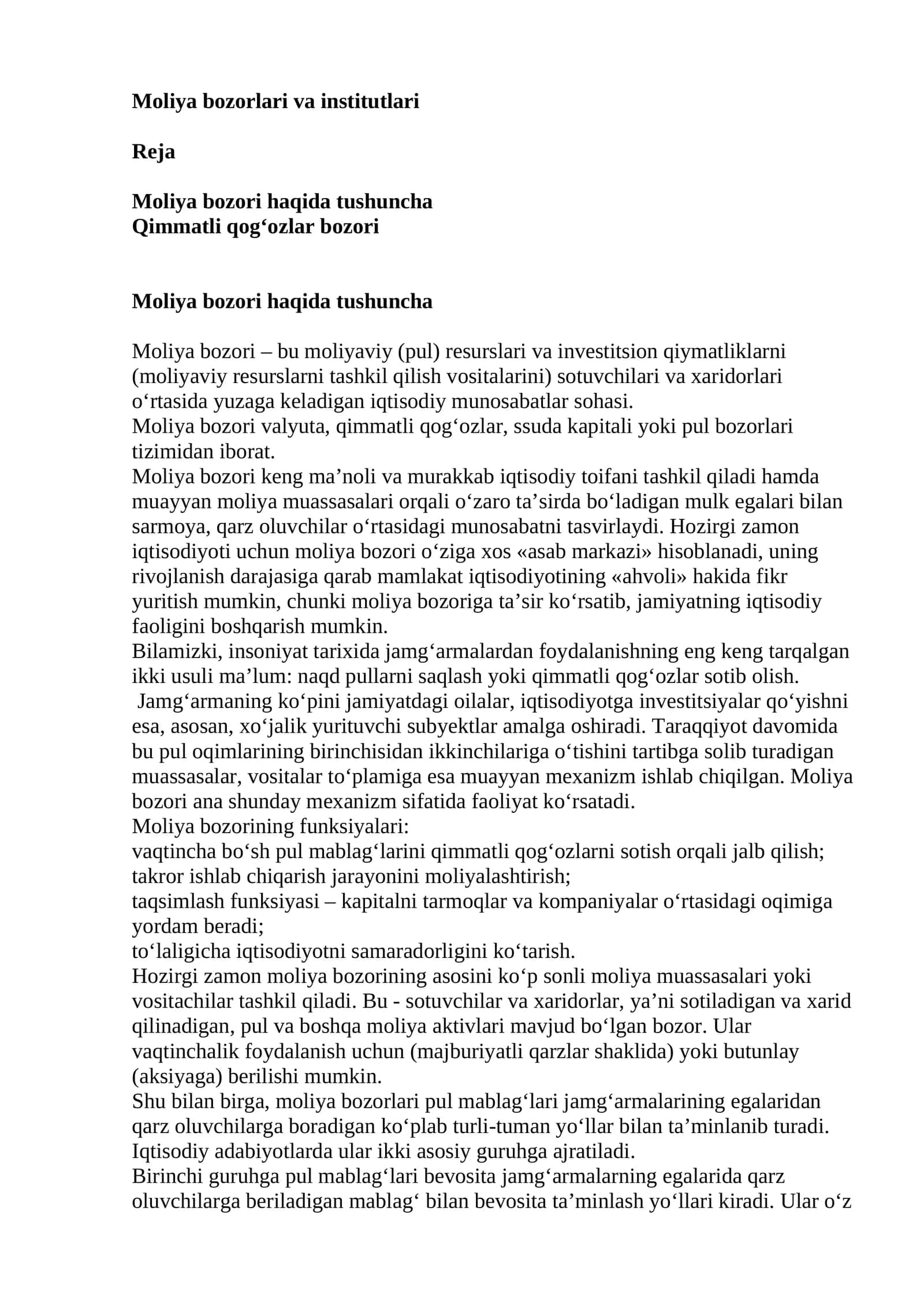 Moliya bozorlari va institutlari 1
